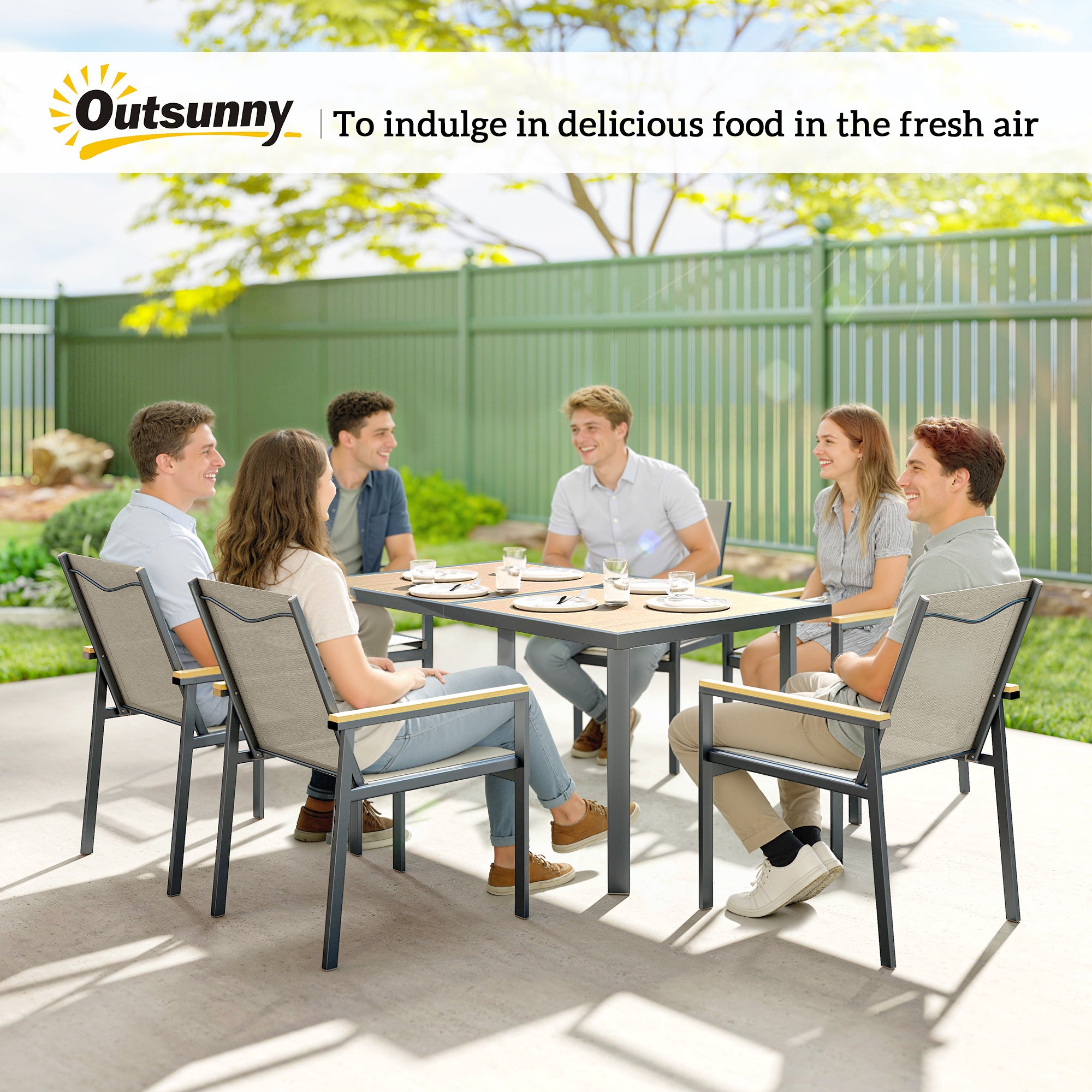 Seven-Piece Metal Garden Dining Set, with Glass-Top Table - Khaki