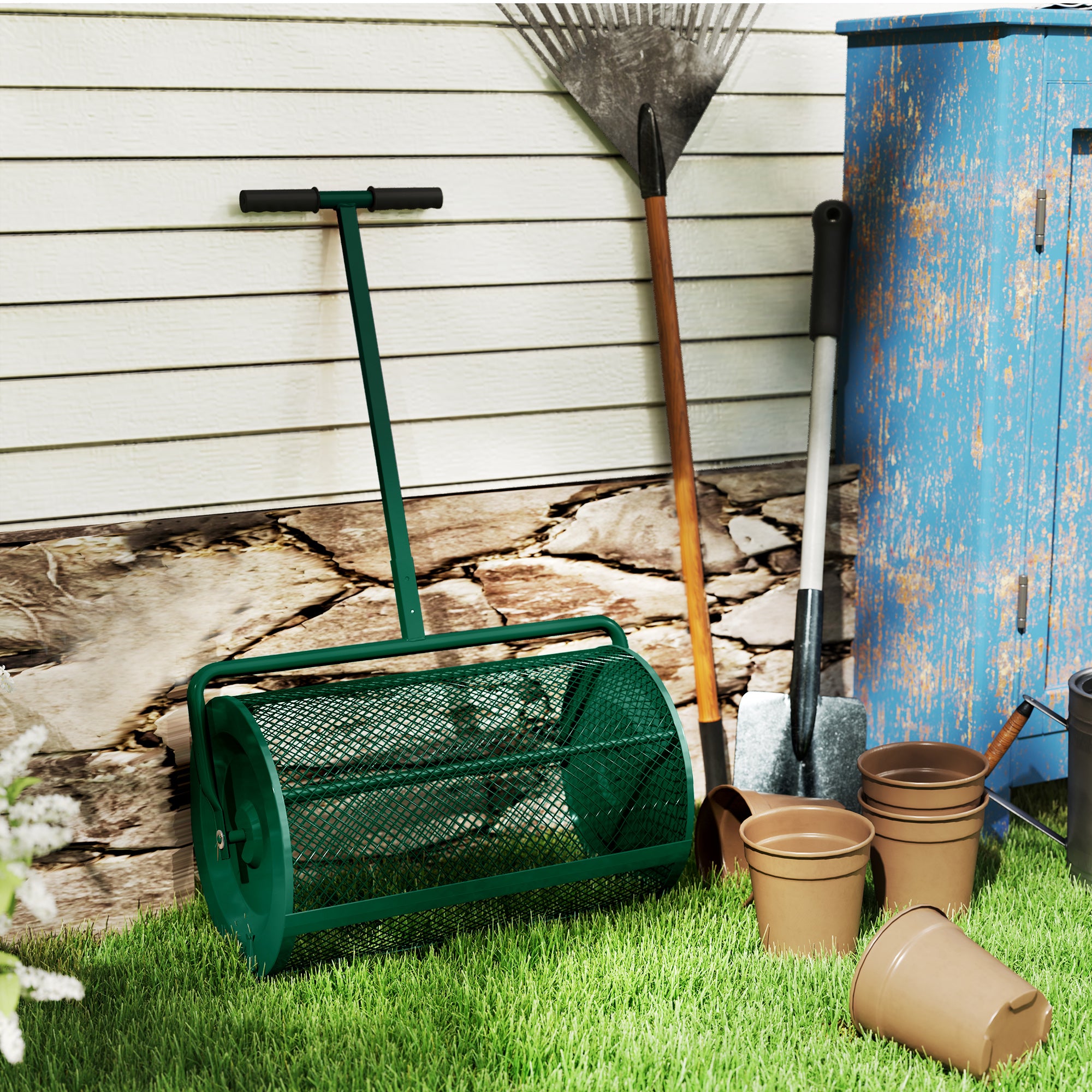 Compost Spreader, 24" Peat Moss Spreader with Height Adjustable T Shaped Handle and Metal Mesh Basket, Garden Spreader for Seeding, Spreading Manure, Green