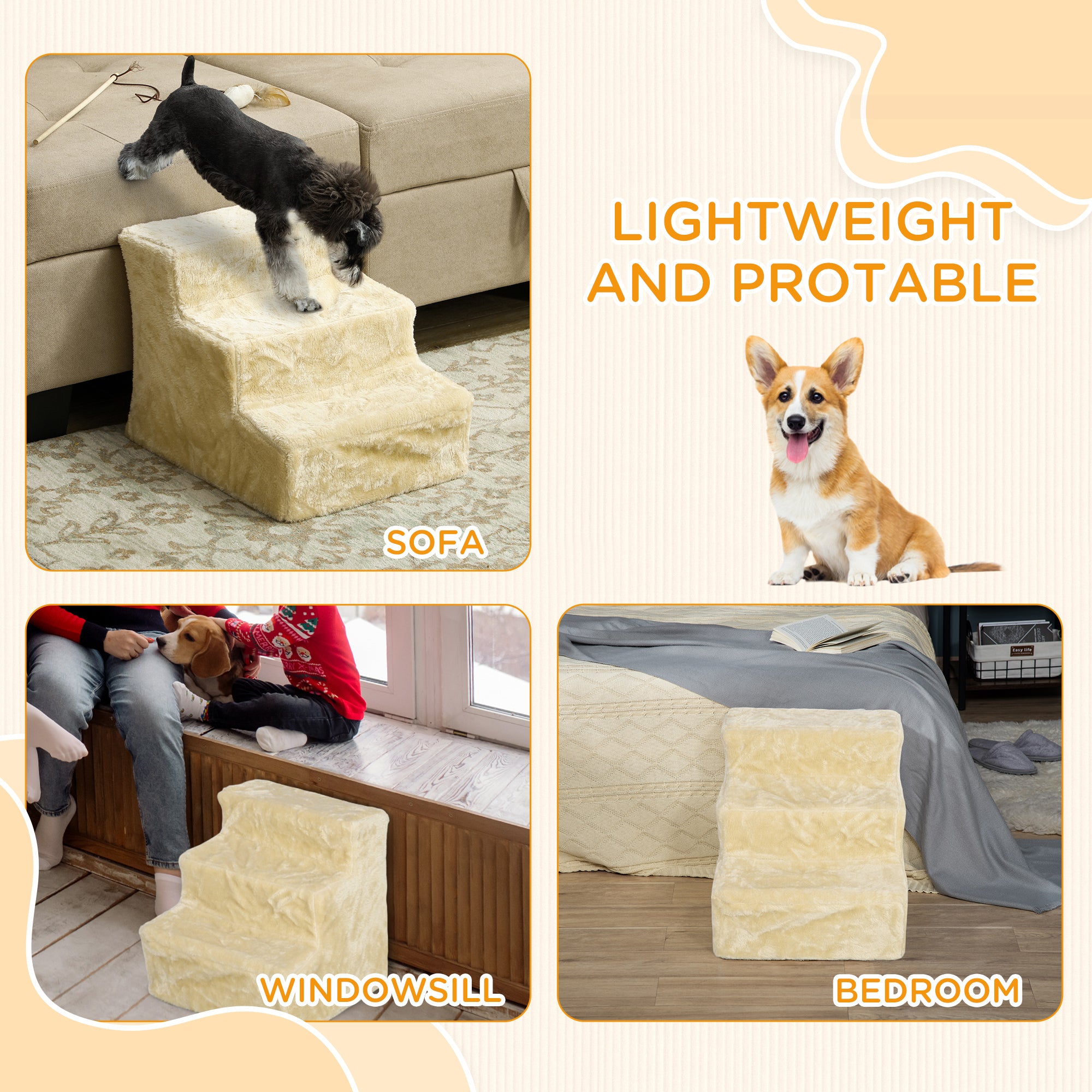 Three-Step Dog Stairs, with Washable Plush Cover, for High Bed Sofa, Dog Stairs for Small Dog and Cat - Beige