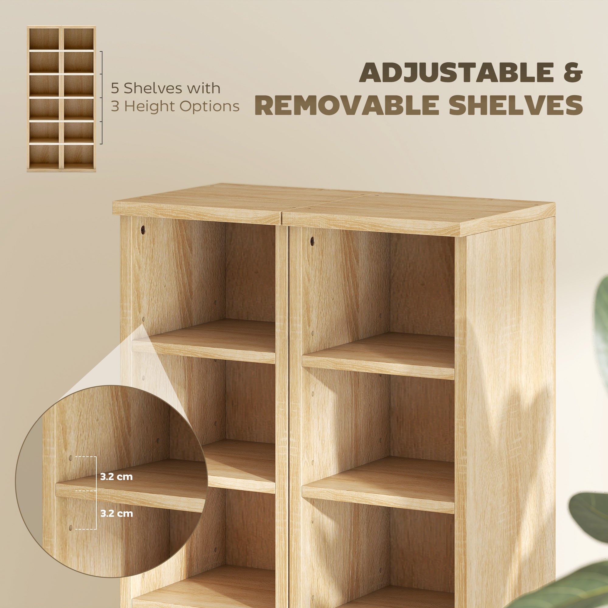 Set of 2 CD Media Display Shelf Unit Tower Rack with Adjustable Shelves, Oak
