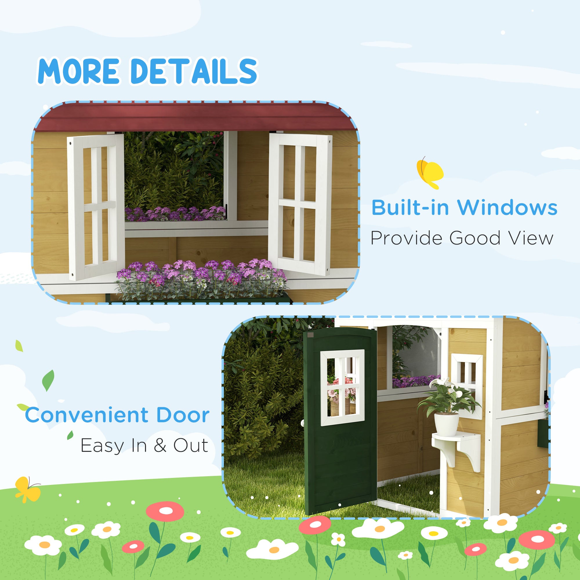 Wooden Playhouse with Doors, Windows, Plant Pots for Kids 3-8 Years - Beige