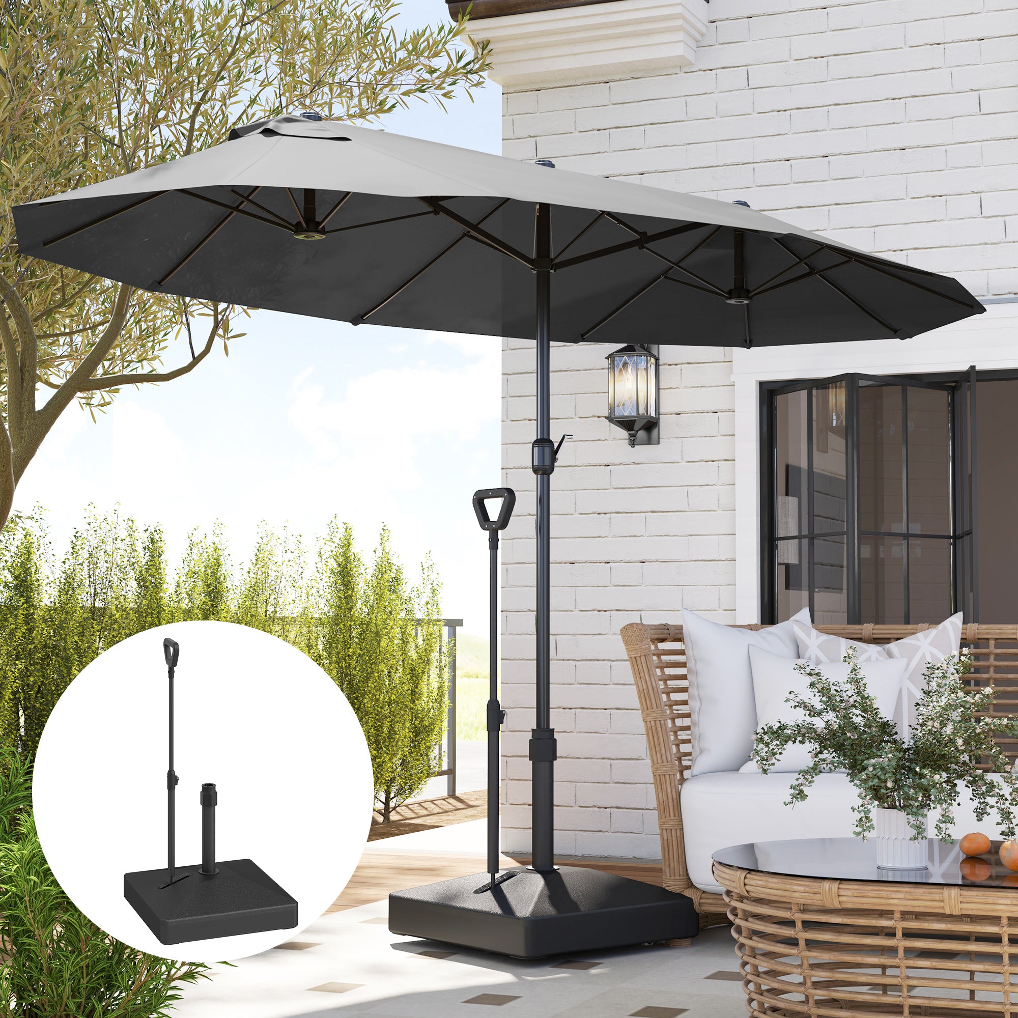 Garden Parasol Base with Adjustable Wheels and Handle, Garden Sun Umbrella Base Parasol Stand, Filled Up to 55kg with Stand, 45kg with Water for 35, 38, 48 mm Poles, Black
