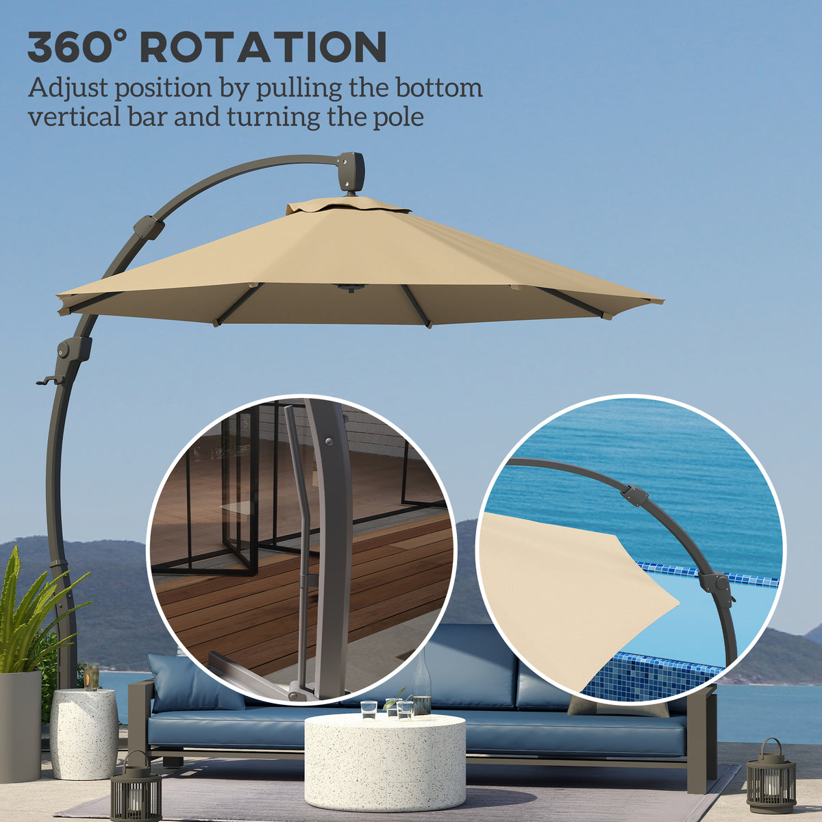 3 Metre Aluminium Cantilever Parasol with 360° Rotation - Khaki