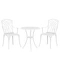 3 Pieces Garden Bistro Set, Cast Aluminium Outdoor Dining Set with 2 Chairs and Round Table with Parasol Hole, White