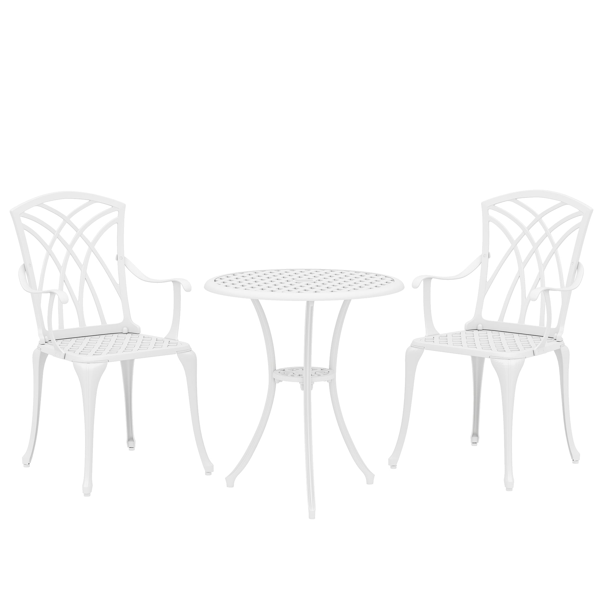 3 Pieces Garden Bistro Set, Cast Aluminium Outdoor Dining Set with 2 Chairs and Round Table with Parasol Hole, White