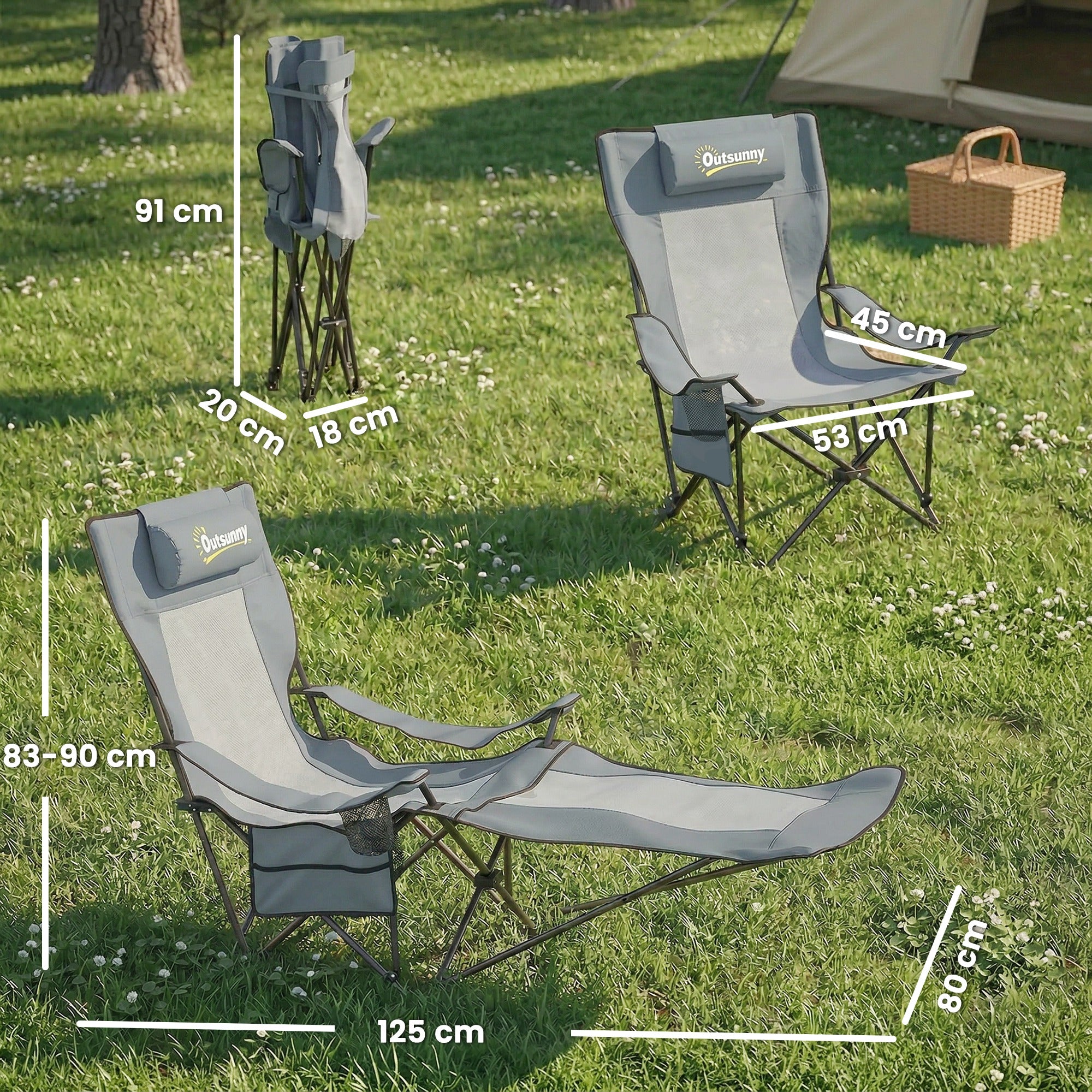 Camping Chair Reclining Portable Camp Chair with Detachable Footrest Cup Holder Grey