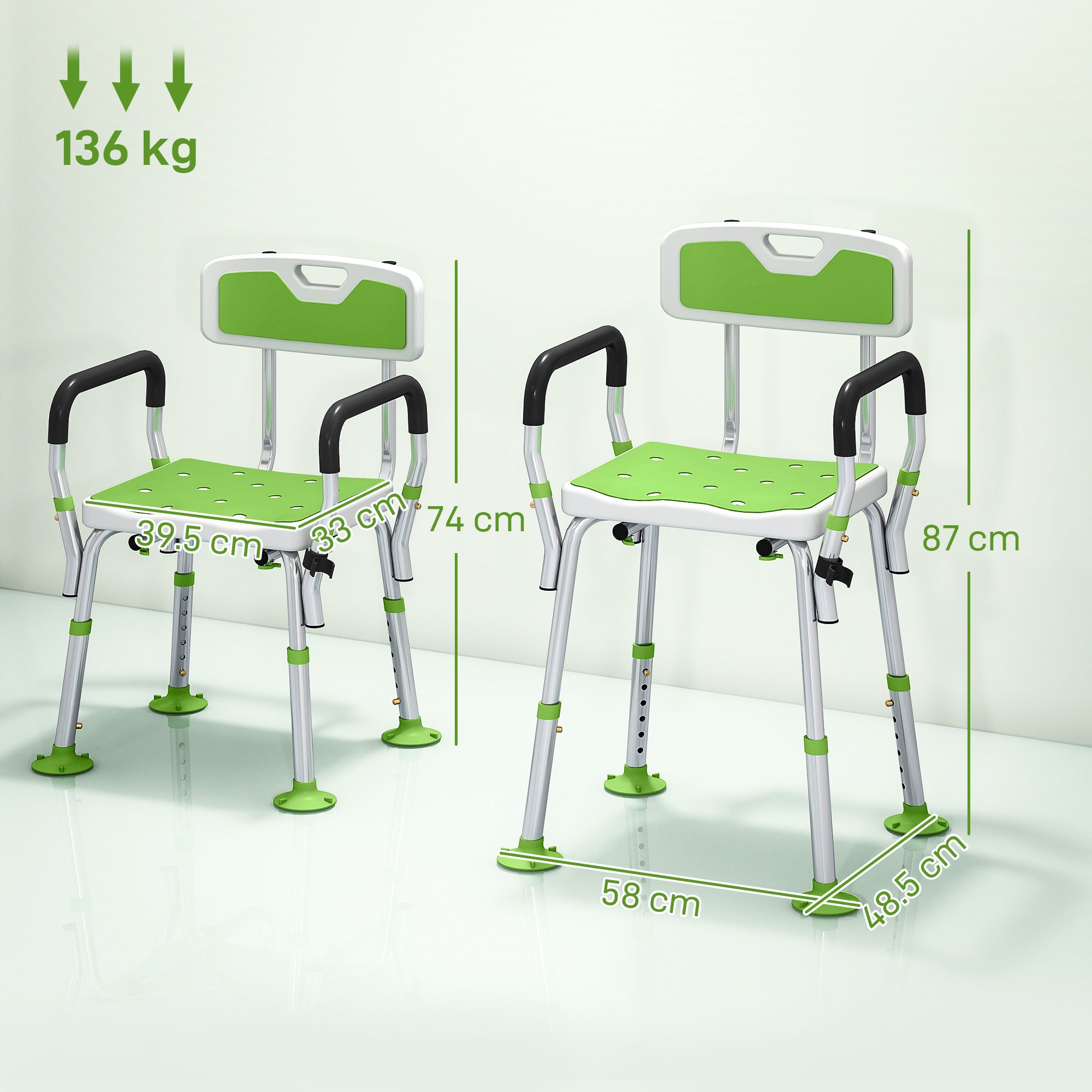 EVA Padded Shower Chair for the Elderly and Disabled, Height Adjustable Shower Stool with Back and Arms, 4 Suction Foot Pads, Green