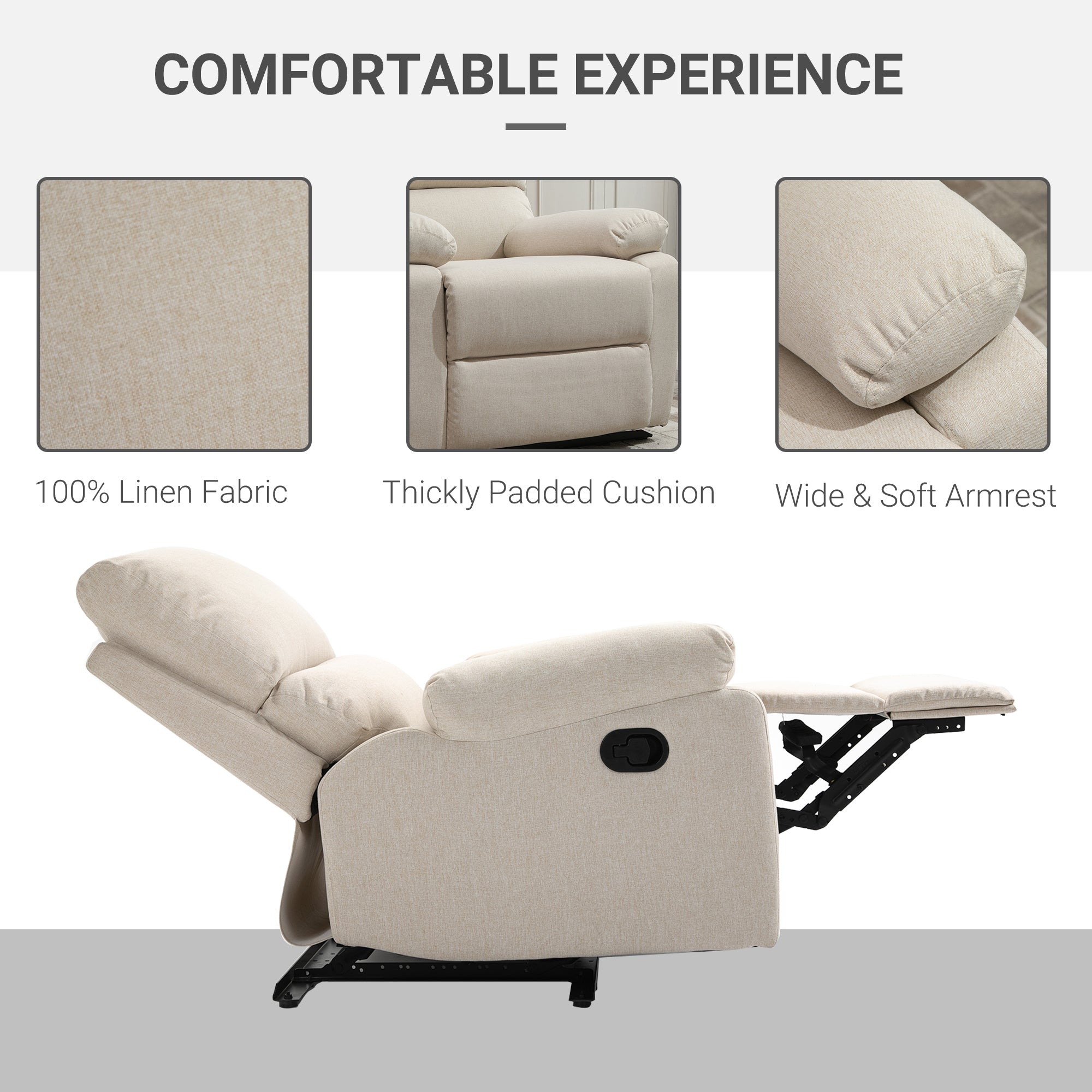 Single Sofa Chair Double-Padded Manual Recliner Armchair w/Footrest Metal Frame Adjustable Home Seat Bedroom Living Room TV Gaming Beige