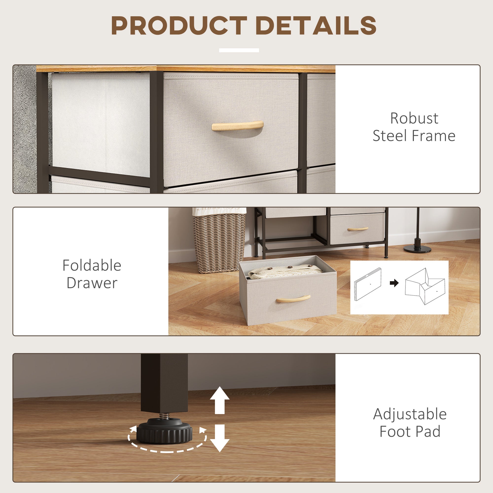 Fabric Chest of Drawers with 6 Storage Drawers, Steel Frame & Wooden Top - Cream White