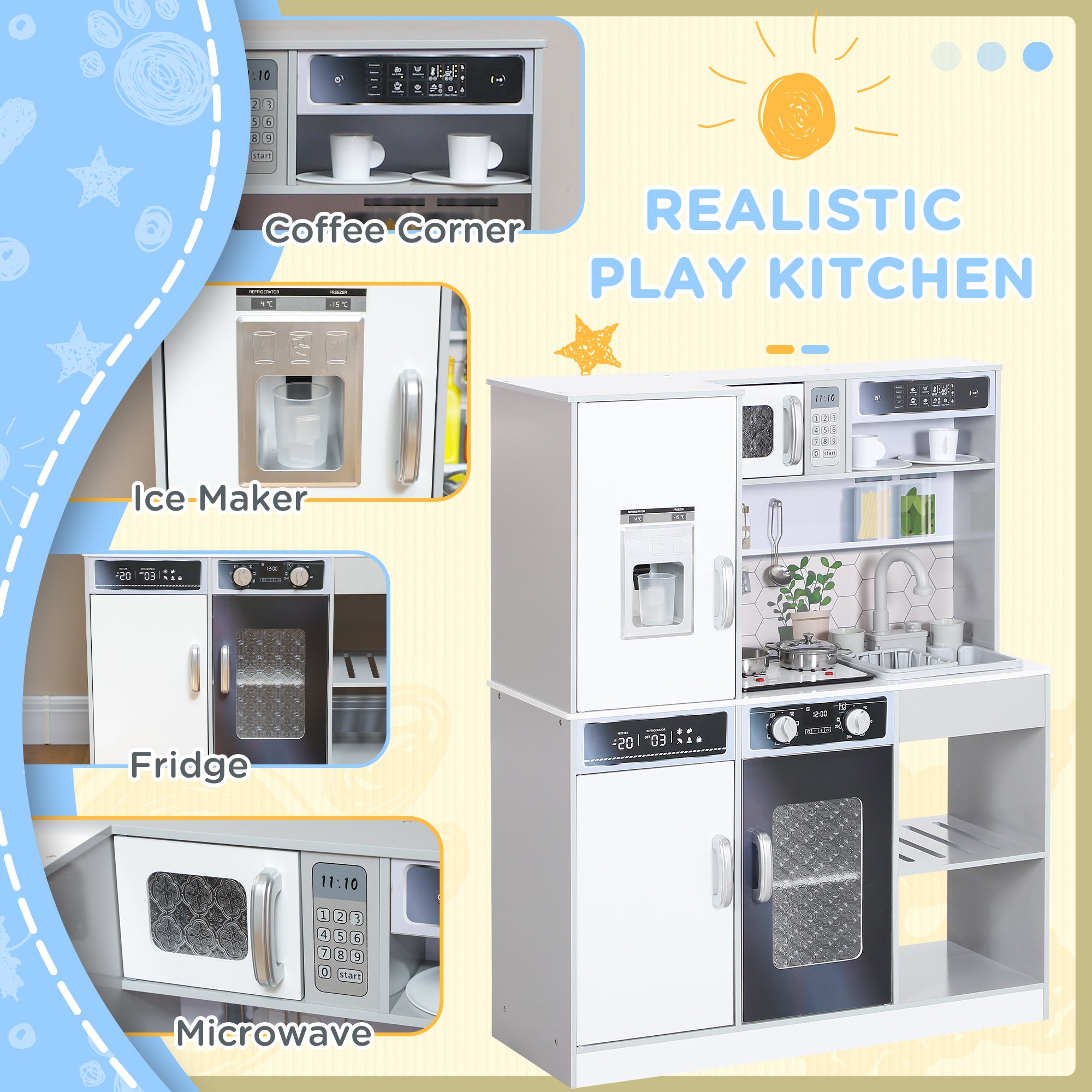 Pretend Play Toy Kitchen, Kids Kitchen Playset w/ Sounds and Lights Running Water, Coffee Maker, Refrigerator