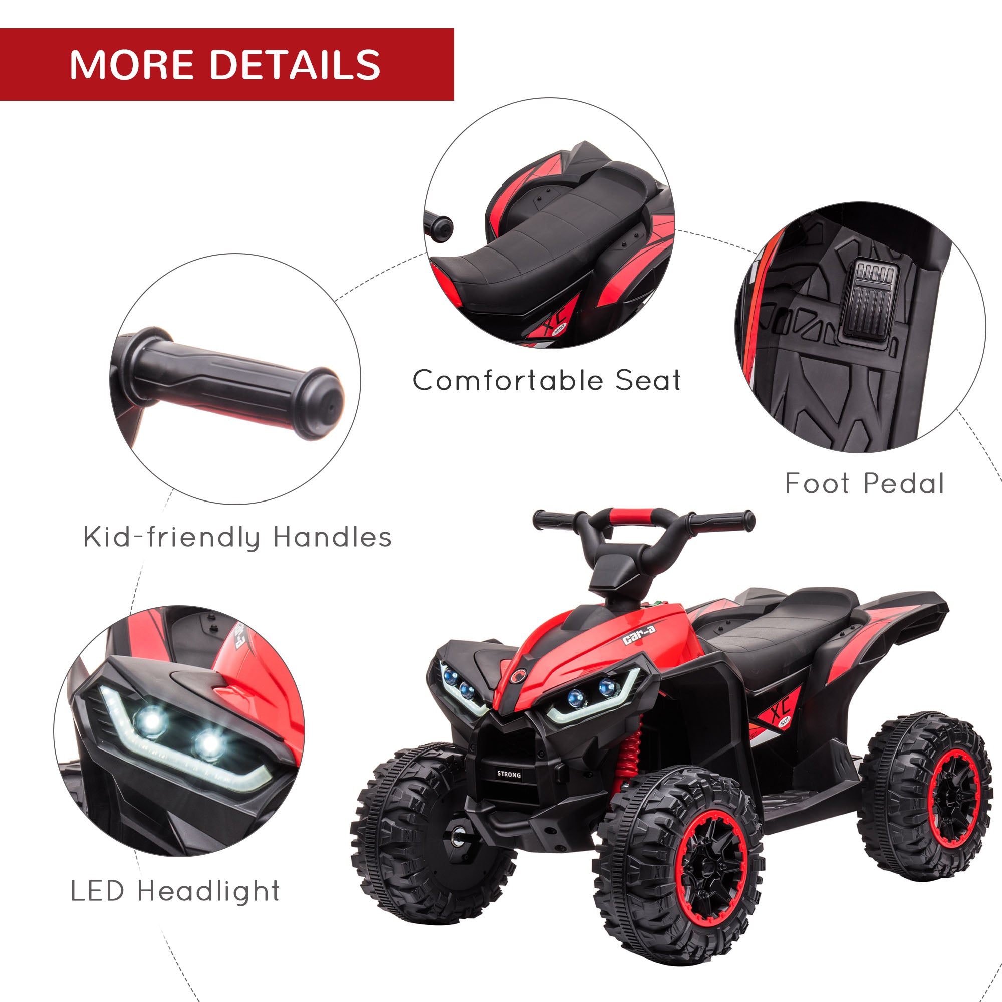 12V Ride-On Quad Bike w/ Music, Horn, for Ages 3-5 Years - Red