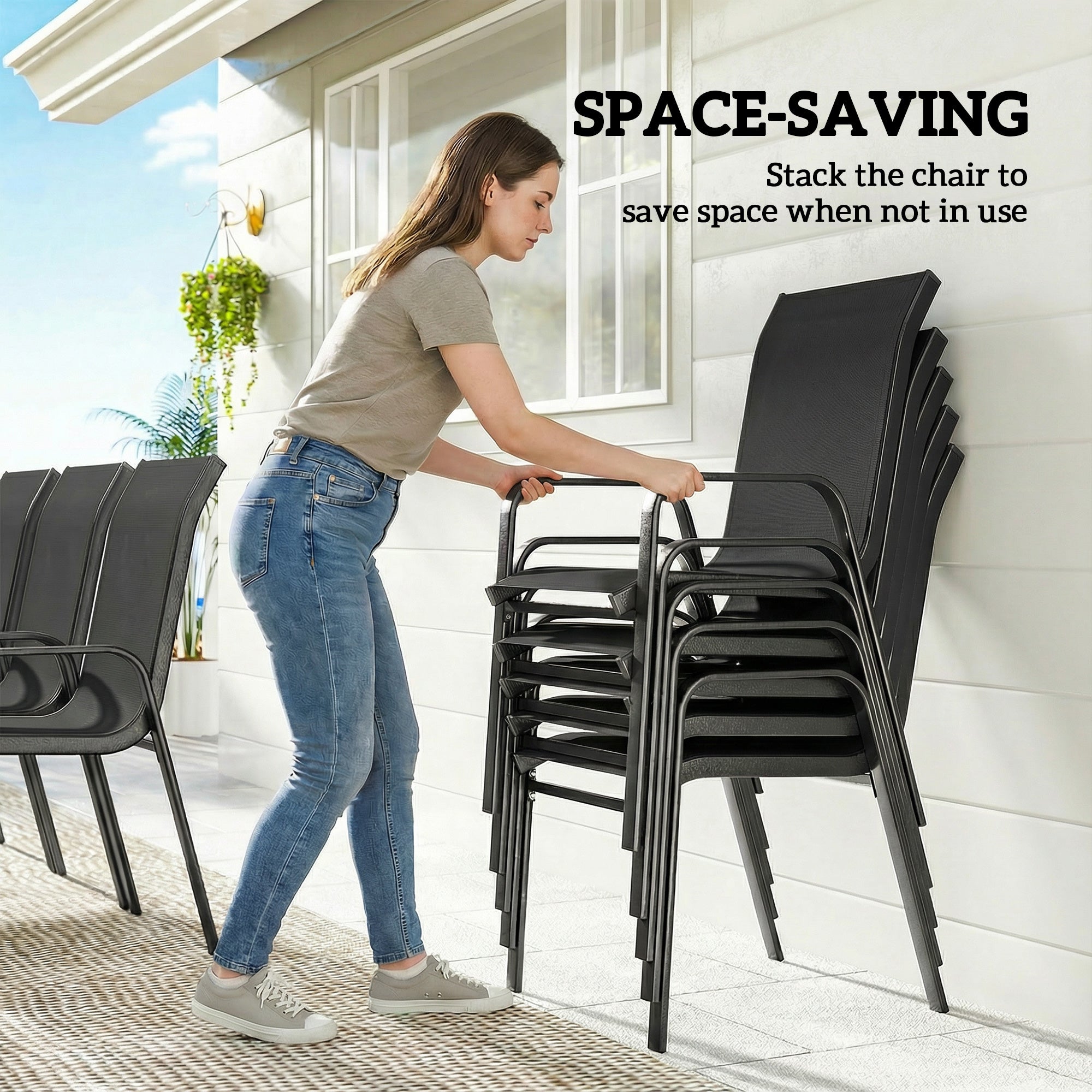 9 Pieces Garden Dining Set, Outdoor Table and Chairs Set for 8, Garden Furniture Set with Tempered Glass Top, Black