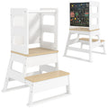 2-in-1 Toddler Tower with Chalkboard and Safety Rail for Kitchen, Bathroom, Sink - White