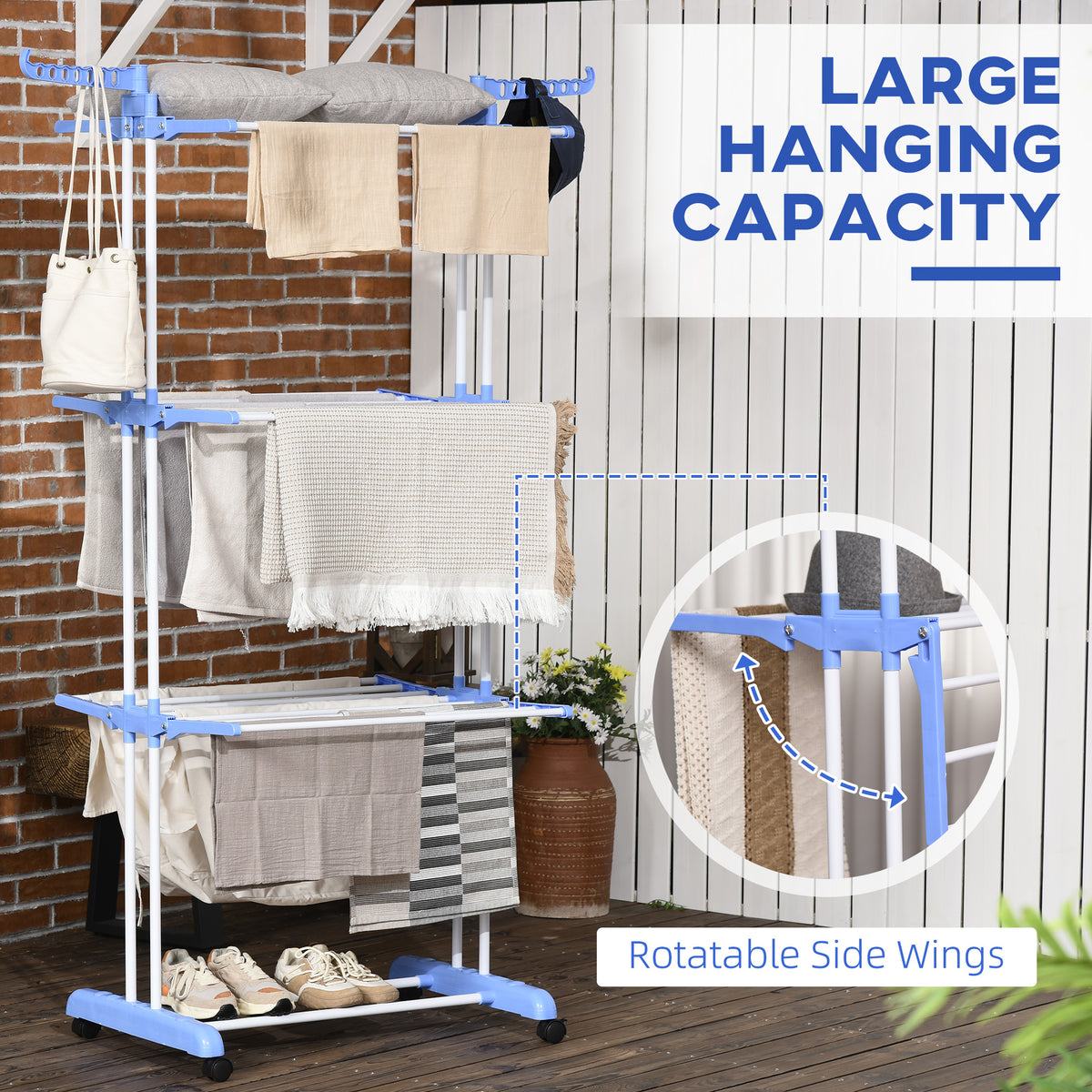4-Tier Foldable Steel Clothes Drying Rack with Castors for Indoor & Outdoor Use - Blue