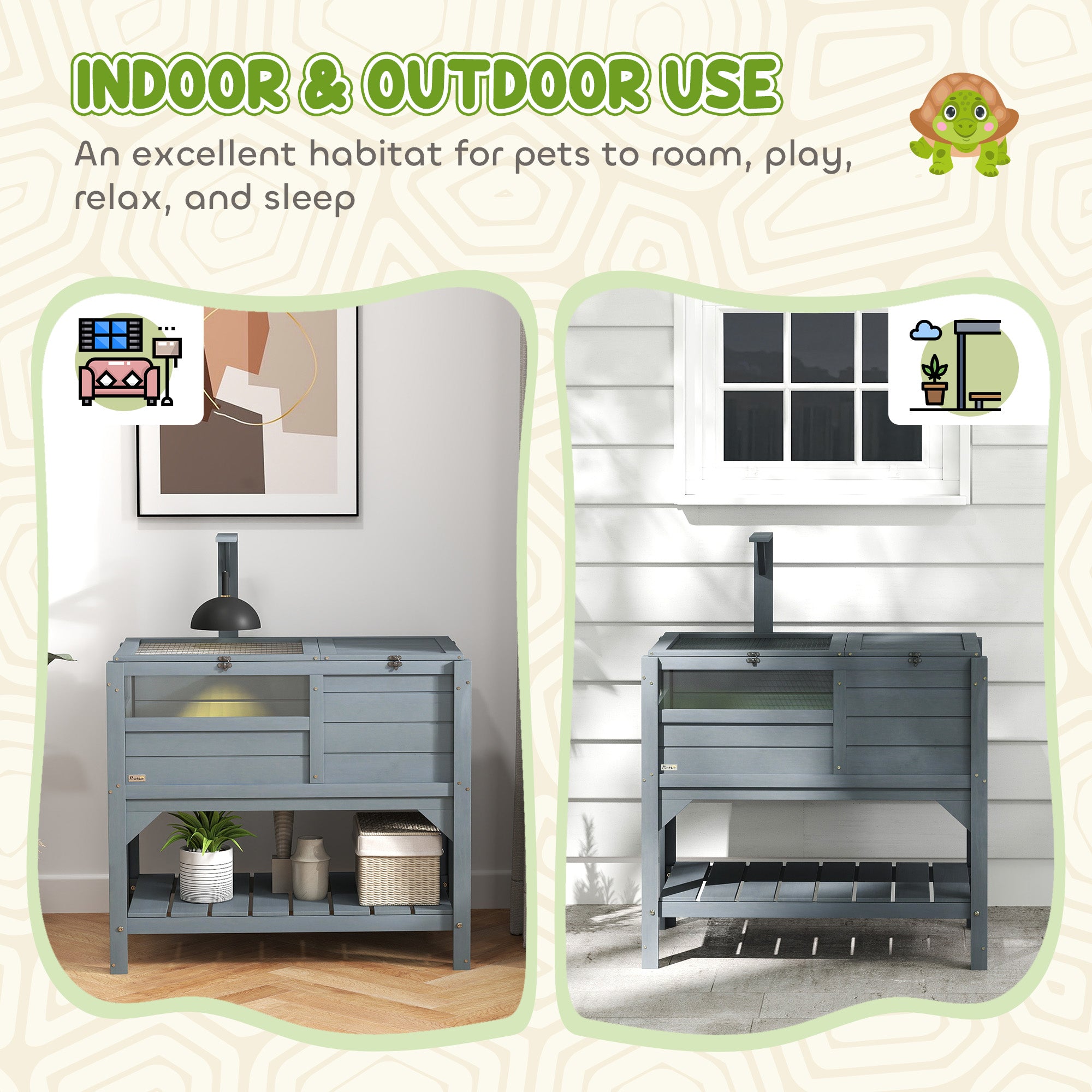 Wooden Tortoise House with Shelter, Run, Lamp Holder, Shelf & Tray - Grey