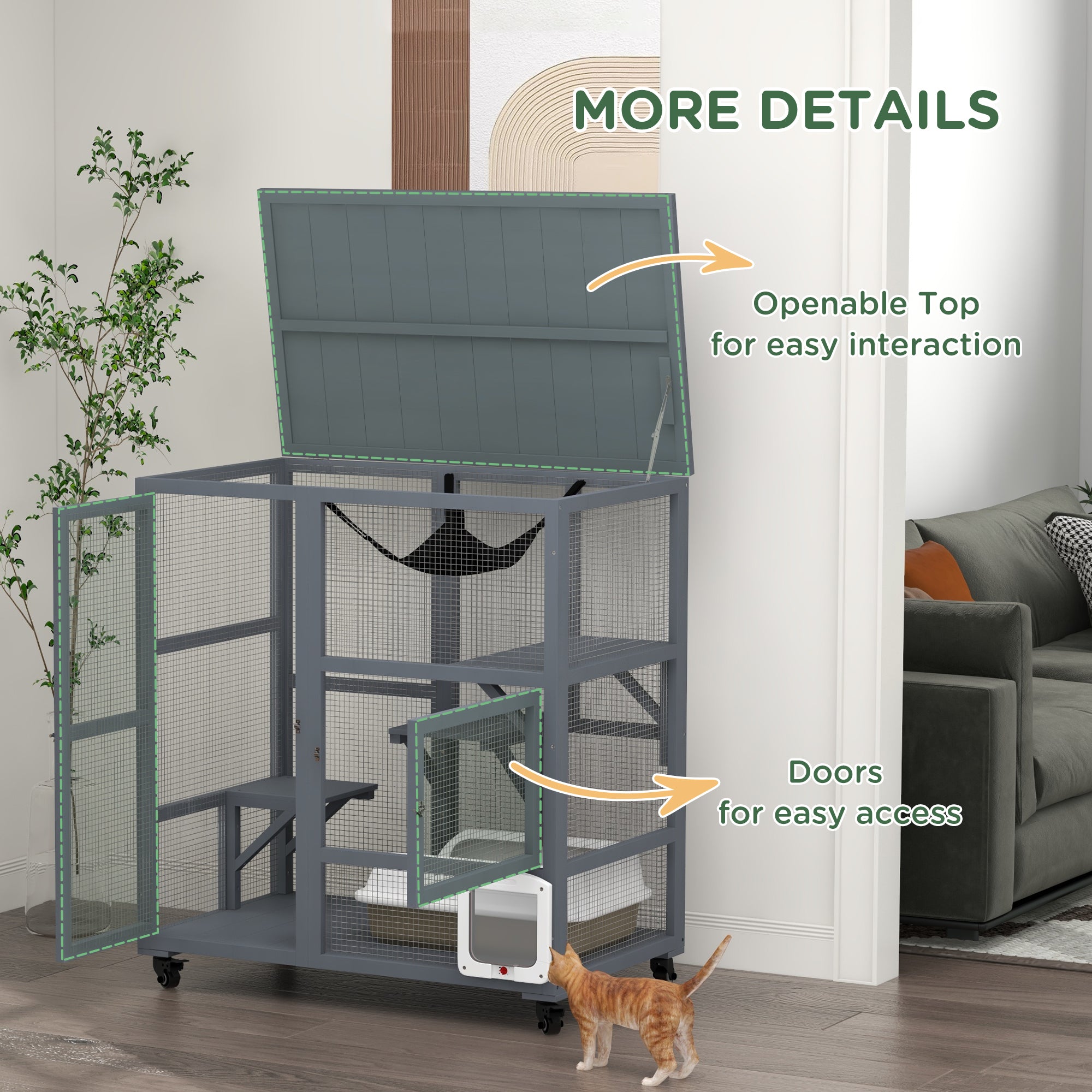 Cat House, Wooden Outdoor Catio Cat Enclosure on Wheels, Wooden Kitty Cage with Platforms, Hammock, Light Grey