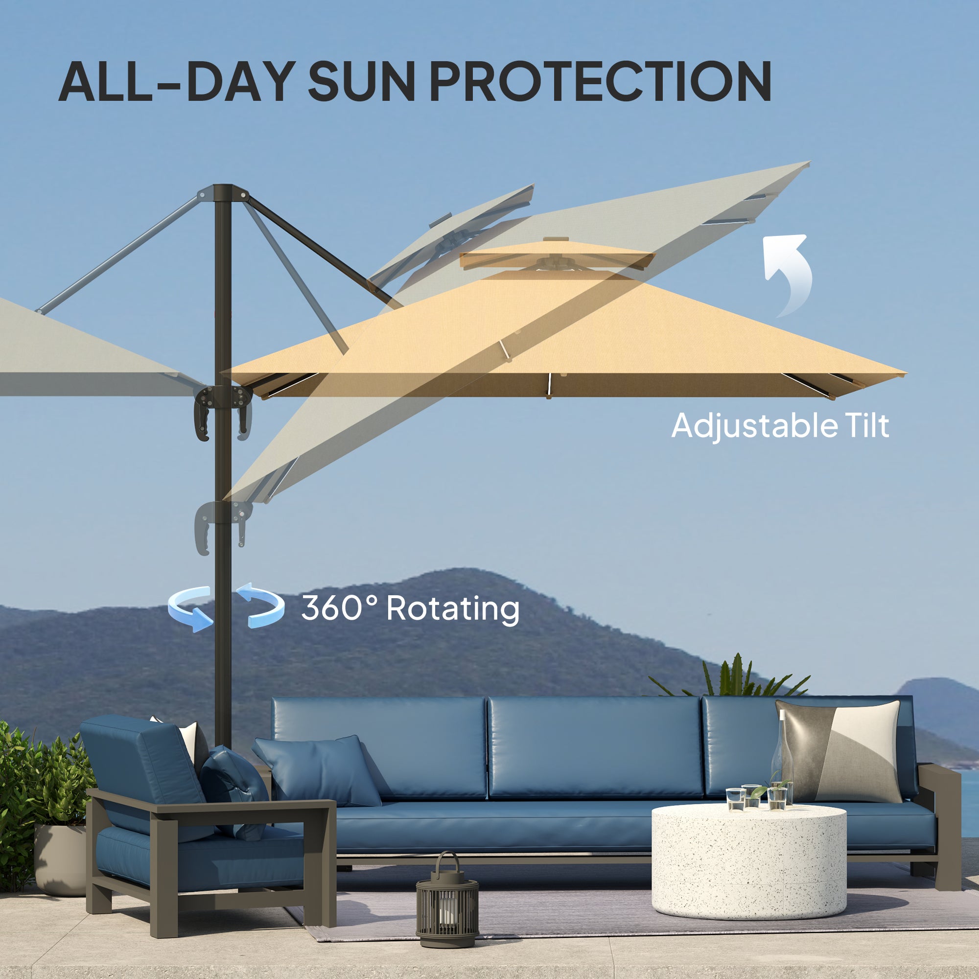 2.5m Cantilever Parasol with Solar LED Lights and 360° Rotation - Khaki