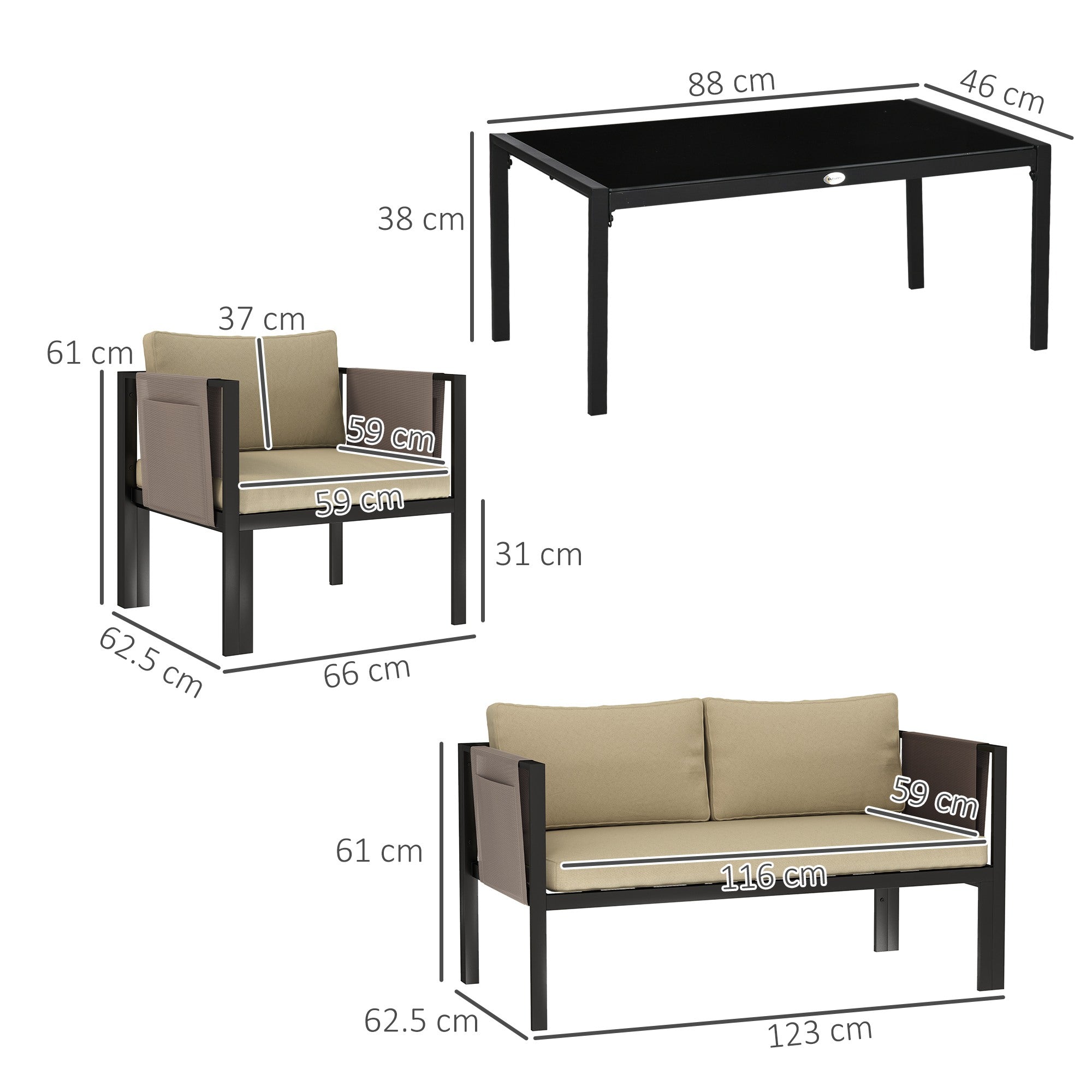 4 Piece Metal Garden Furniture Set with Cushions - Khaki