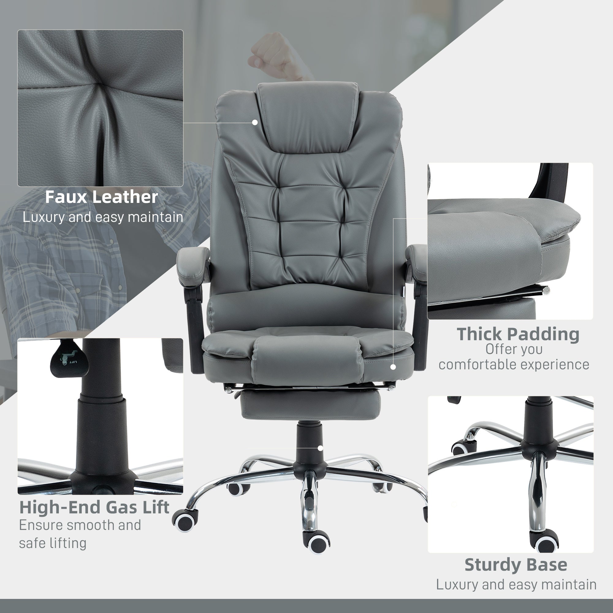 Executive Office Chair, PU Leather Home Office Chair with Swivel Wheels, Reclining Backrest, Retractable Footrest, Grey