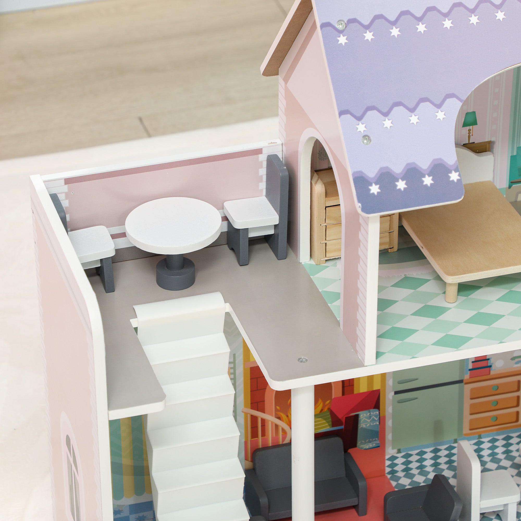 2 Storey Dolls House with 13 Pieces Furniture, Play Set with Balcony, Gift for 3-6 Years Old