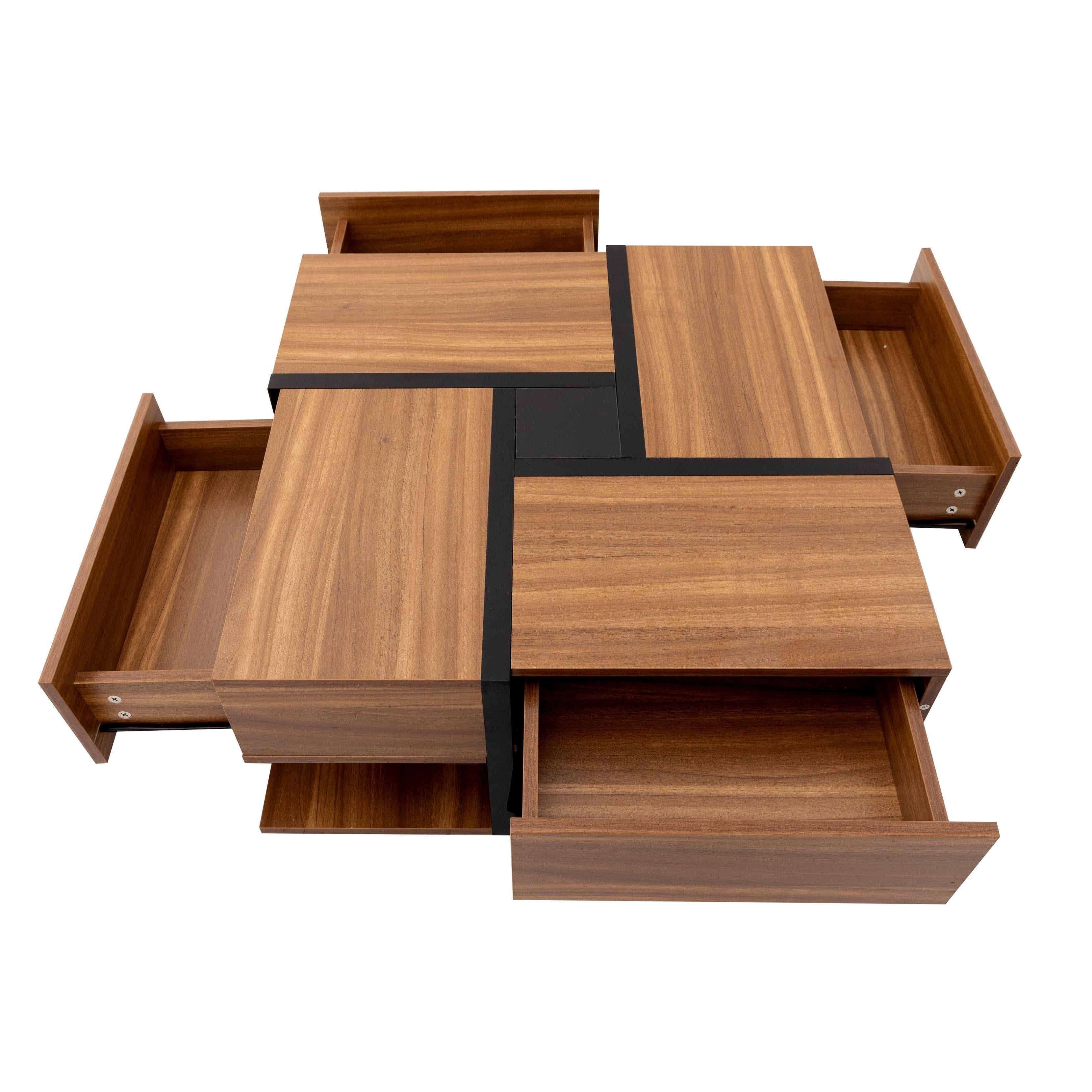Square Coffee Table with 4 Drawers, Unique Pattern, Bottom Storage, 78L x 78W x 36H cm, Natural
