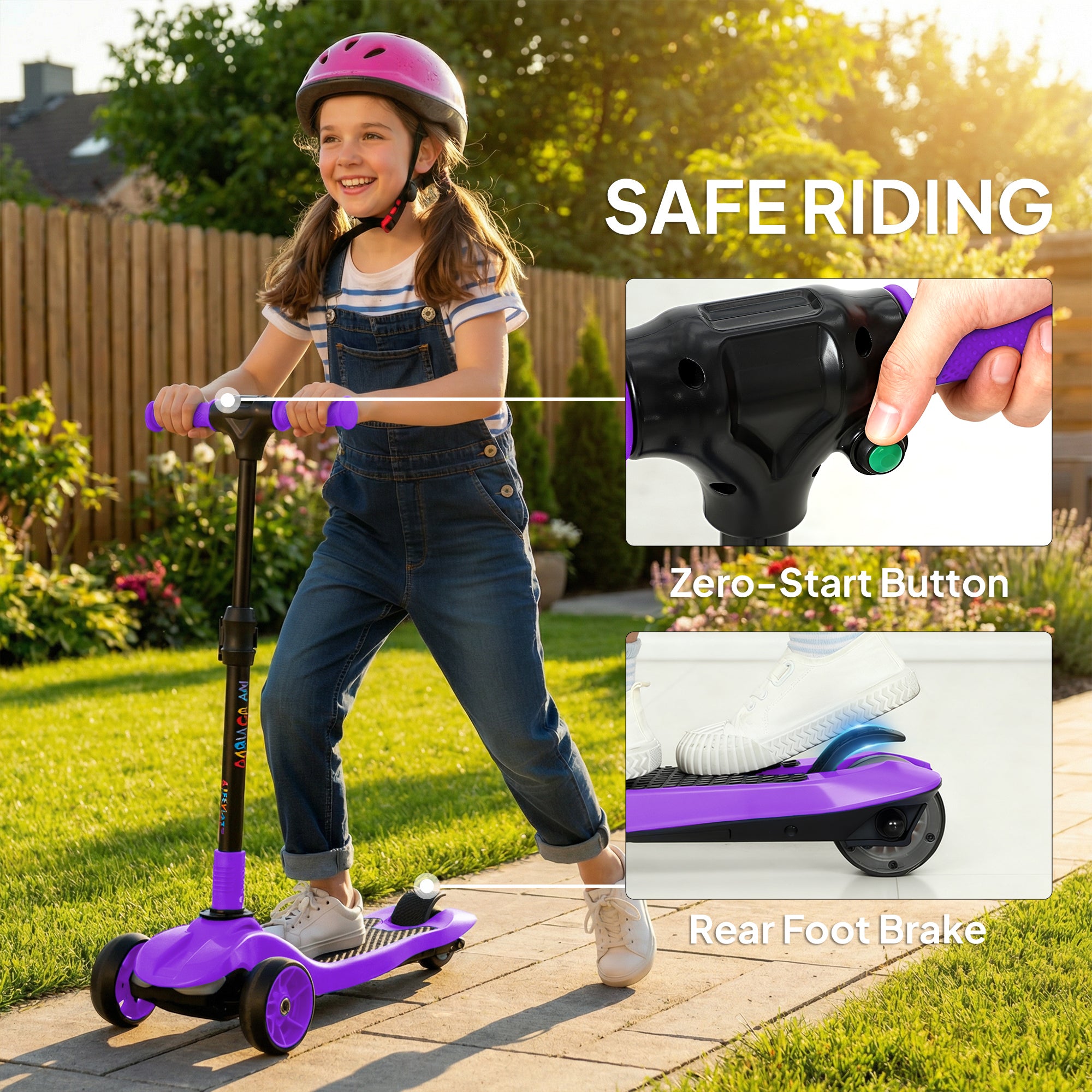 Three-Wheel Foldable Electric Scooter for Kids Aged 6-10 Years, Purple