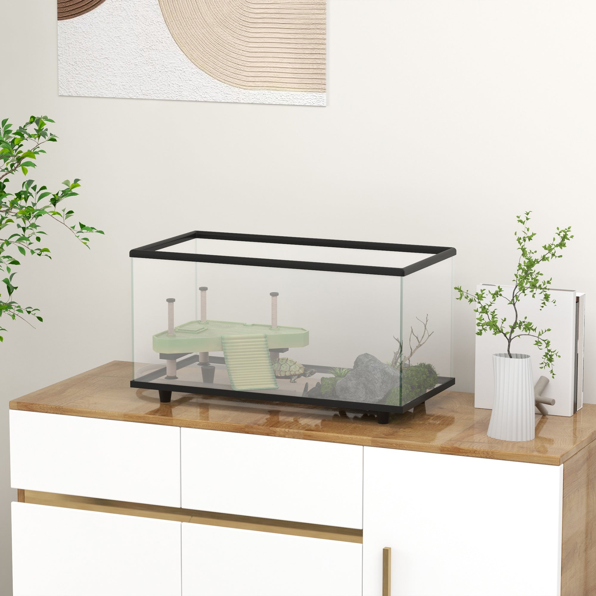 50L Glass Turtle Tank Aquarium with Basking Platform, Easy Drainage, Strip Patch Thermometer