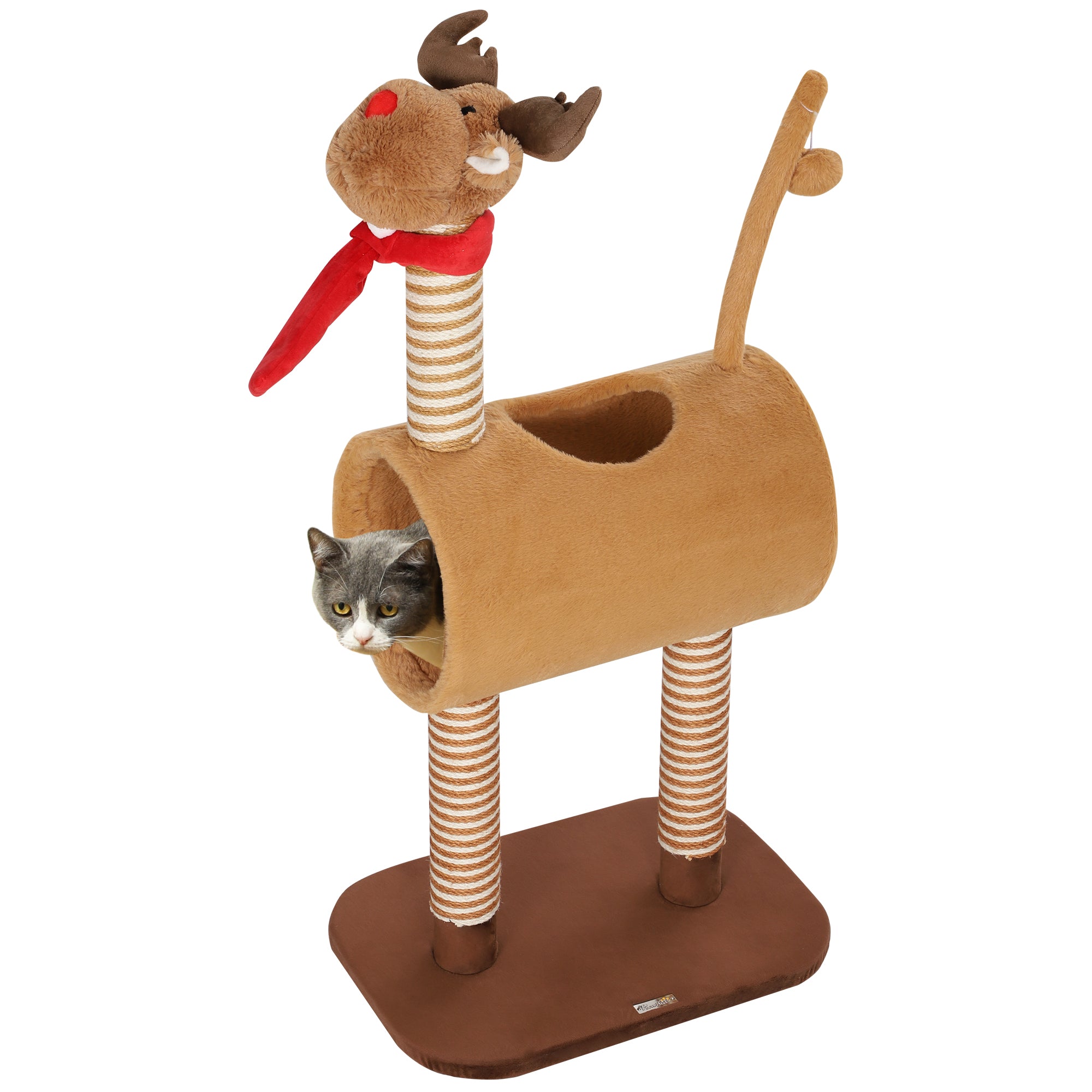 98cm Deer Themed Cat Tree with Scratching Posts, Toy Ball, Tunnel, Brown