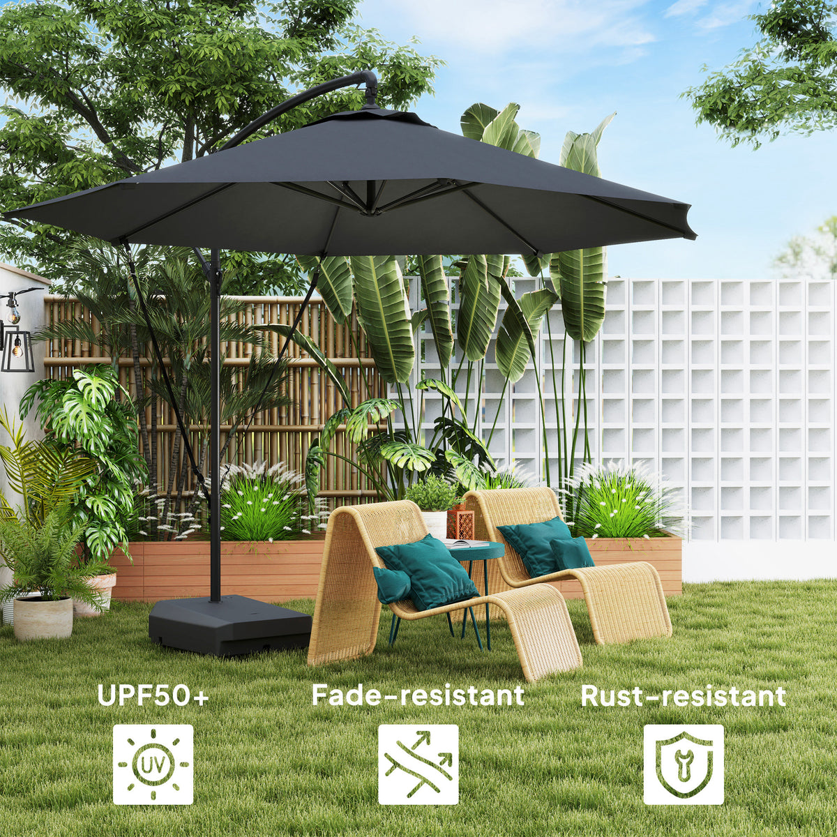 3m Garden Cantilever Parasol with Fillable Base, Wind Straps, Crank Handle & Tilt, UPF50+ Round Hanging Umbrella - Grey