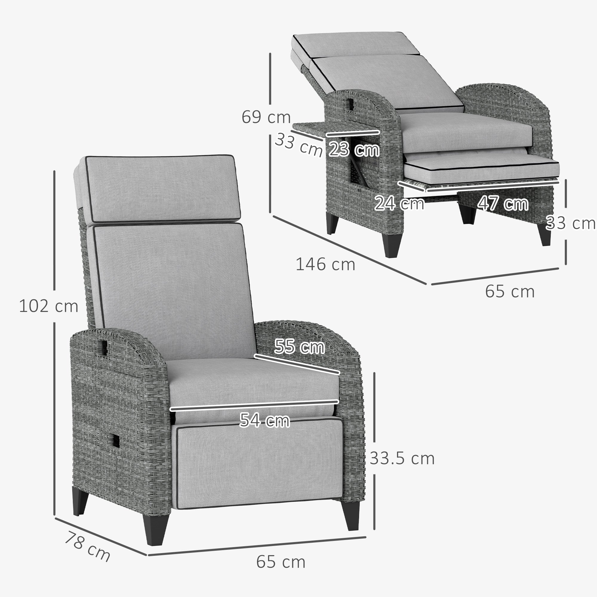 Outdoor Recliner Chair with Adjustable Backrest, Footrest, Cushion & Side Tray - Light Grey