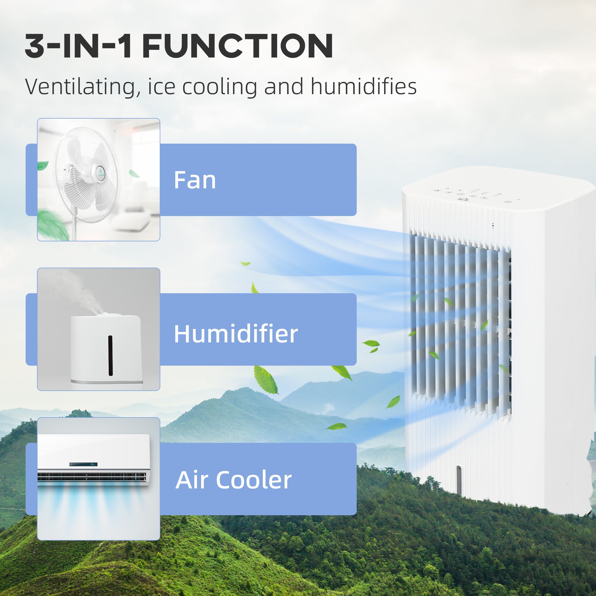 Portable 3-in-1 Air Cooler with 5 Litre Capacity, Oscillation, LED Display, Remote, 15 Hour Timer, Evaporative Air Cooler Fan with 3 Speeds, 3 Modes, Ice Packs, for Home Office