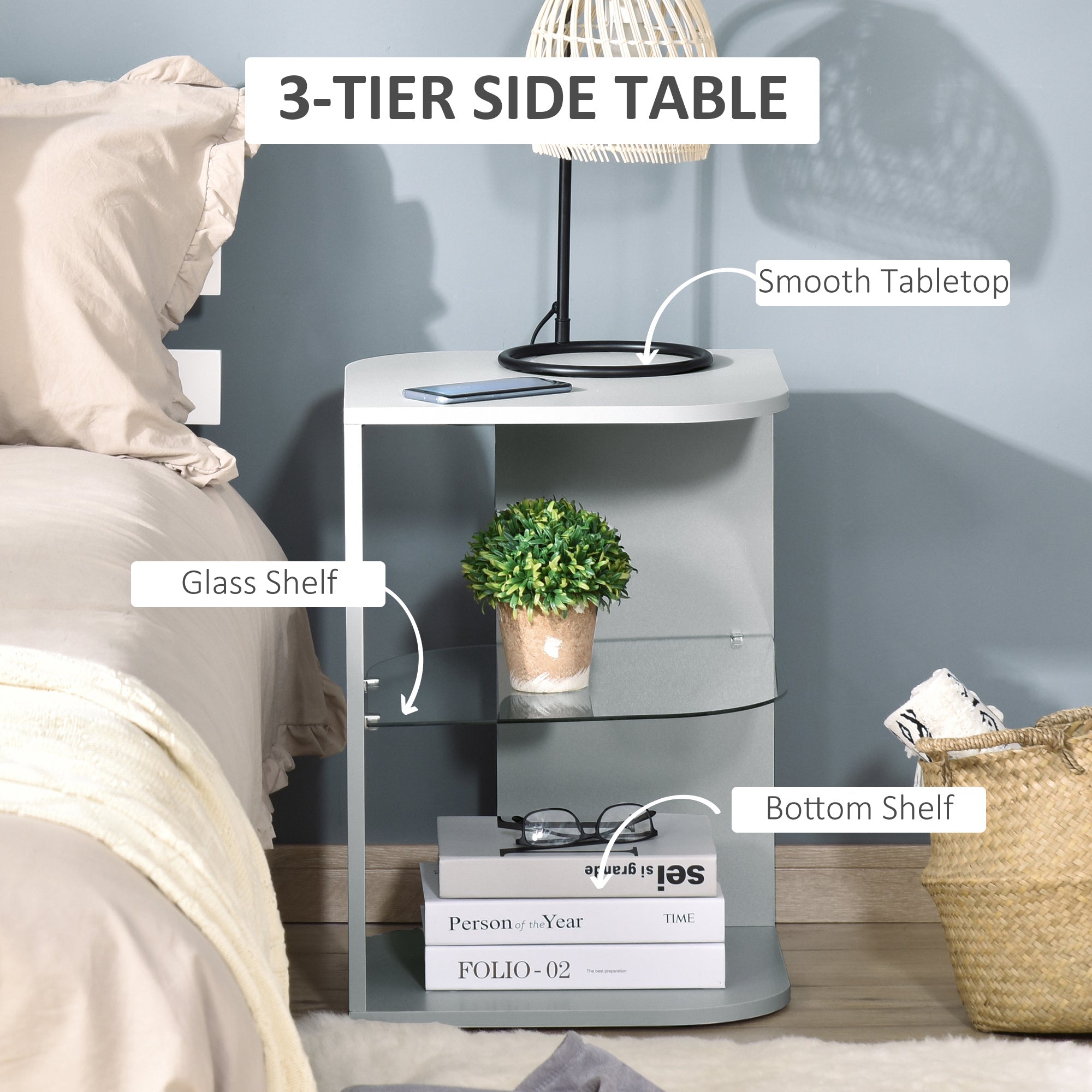 Modern Side Table Set of 2, Three Layer Bedside Table Nightstand with 2 Storage Shelves, for Living room, Bedroom, Grey