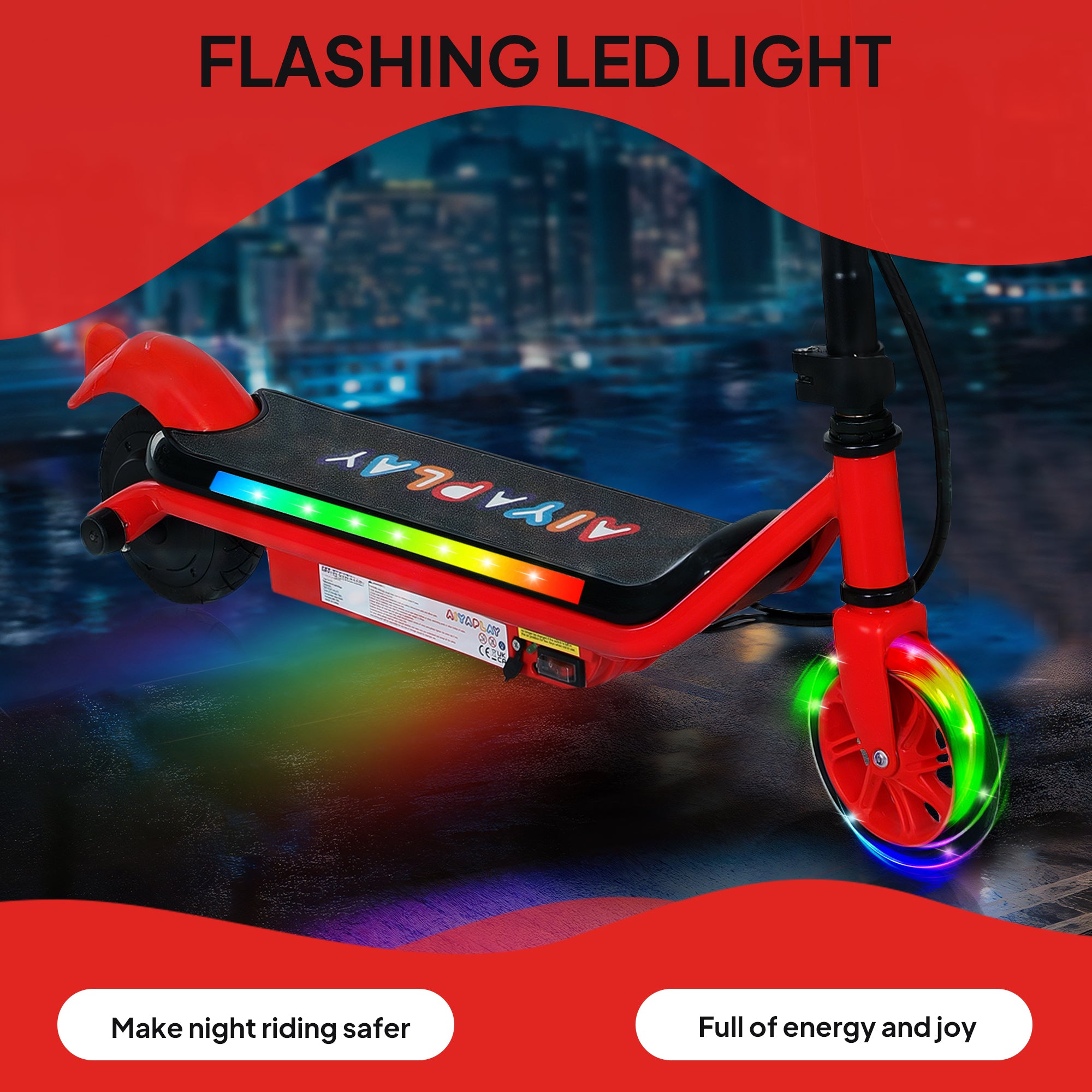 Kids Electric Scooter with Dual Brakes, Flashing Wheels & Lights, 12 KM/H, Ages 6-14 - Red