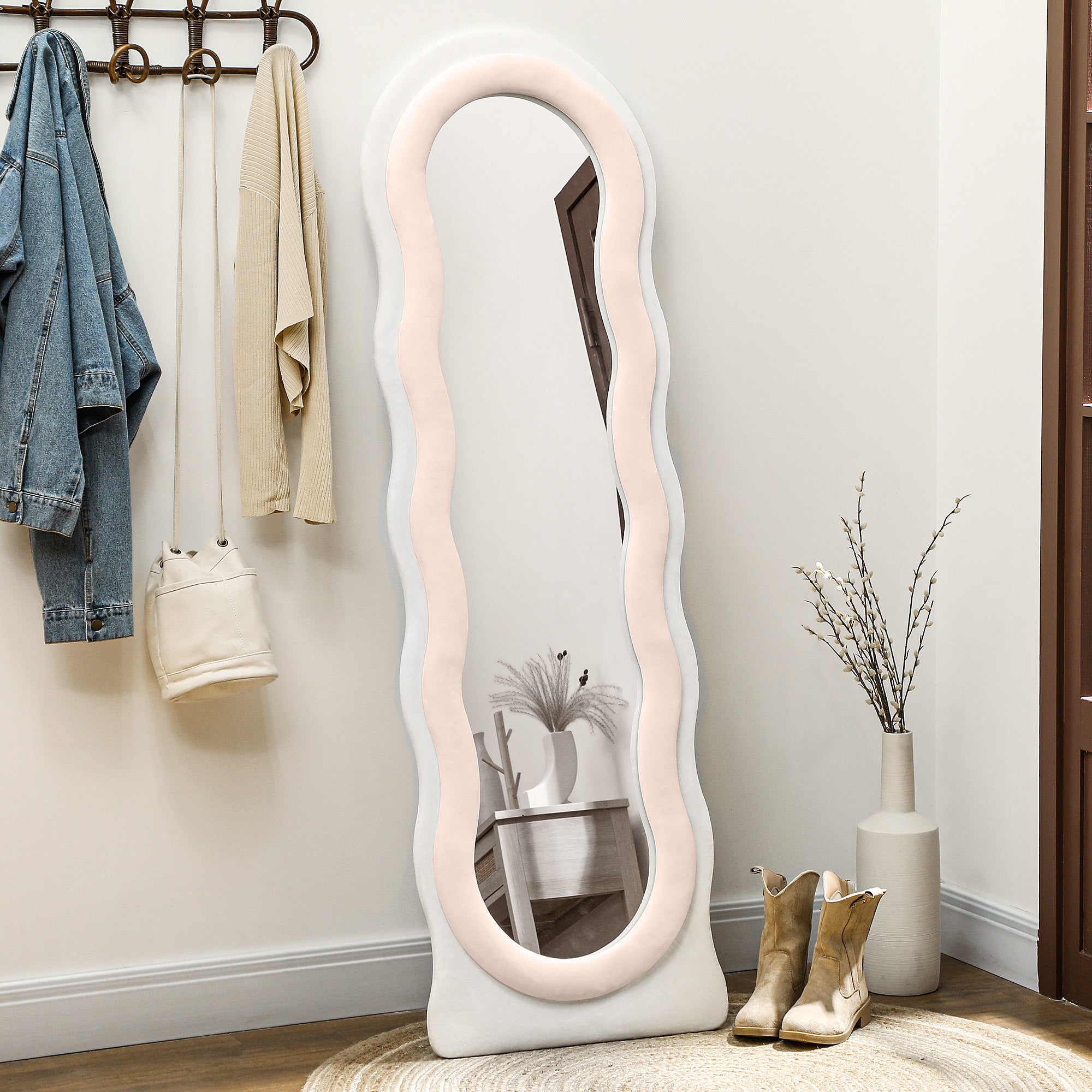 Wavy Velvet-Feel Full Length Mirror - Pink