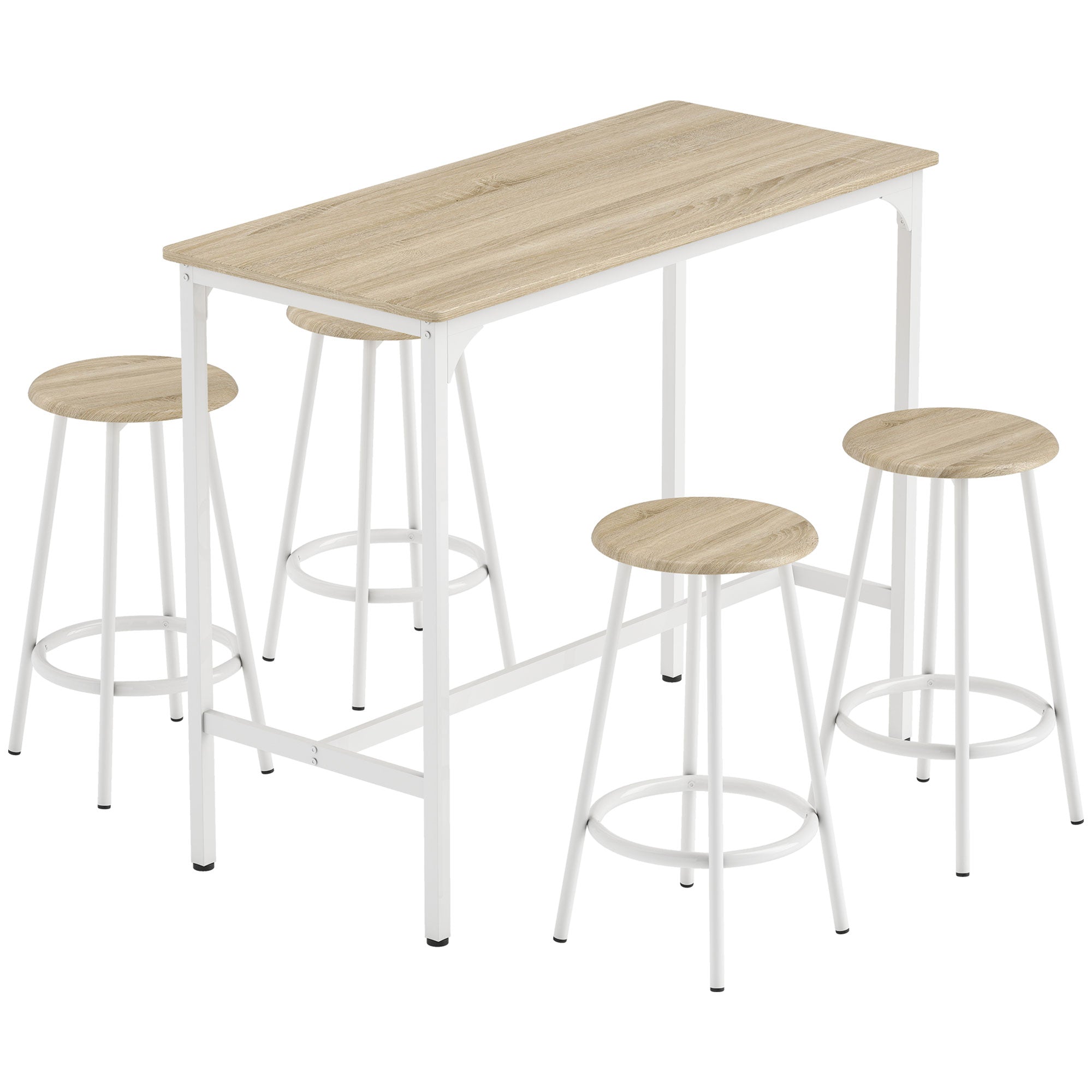 5 Piece Bar Table Set for 4 with Stools, Metal Frame, Footrest for Kitchen Natural Wood