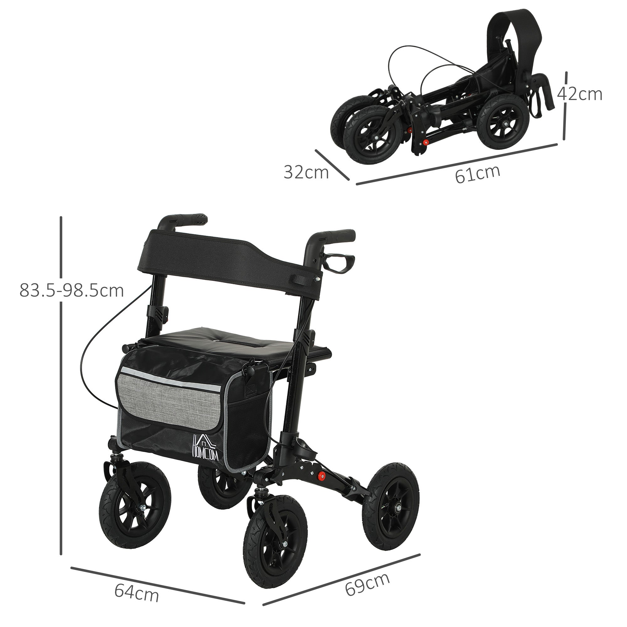 Folding Rollator Walker with Padded Seat, Backrest, Lightweight Walking Frame with Storage Bag, Dual Brakes, All-terrain Wheels, Adjustable Handle Height, 4 Wheeled Walker for Seniors, Black