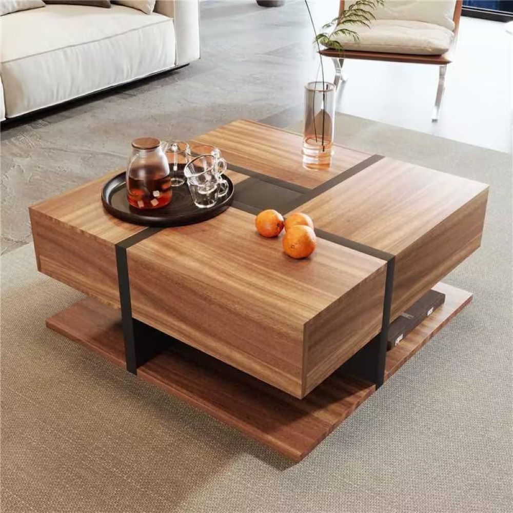 Square Coffee Table with 4 Drawers, Unique Pattern, Bottom Storage, 78L x 78W x 36H cm, Natural
