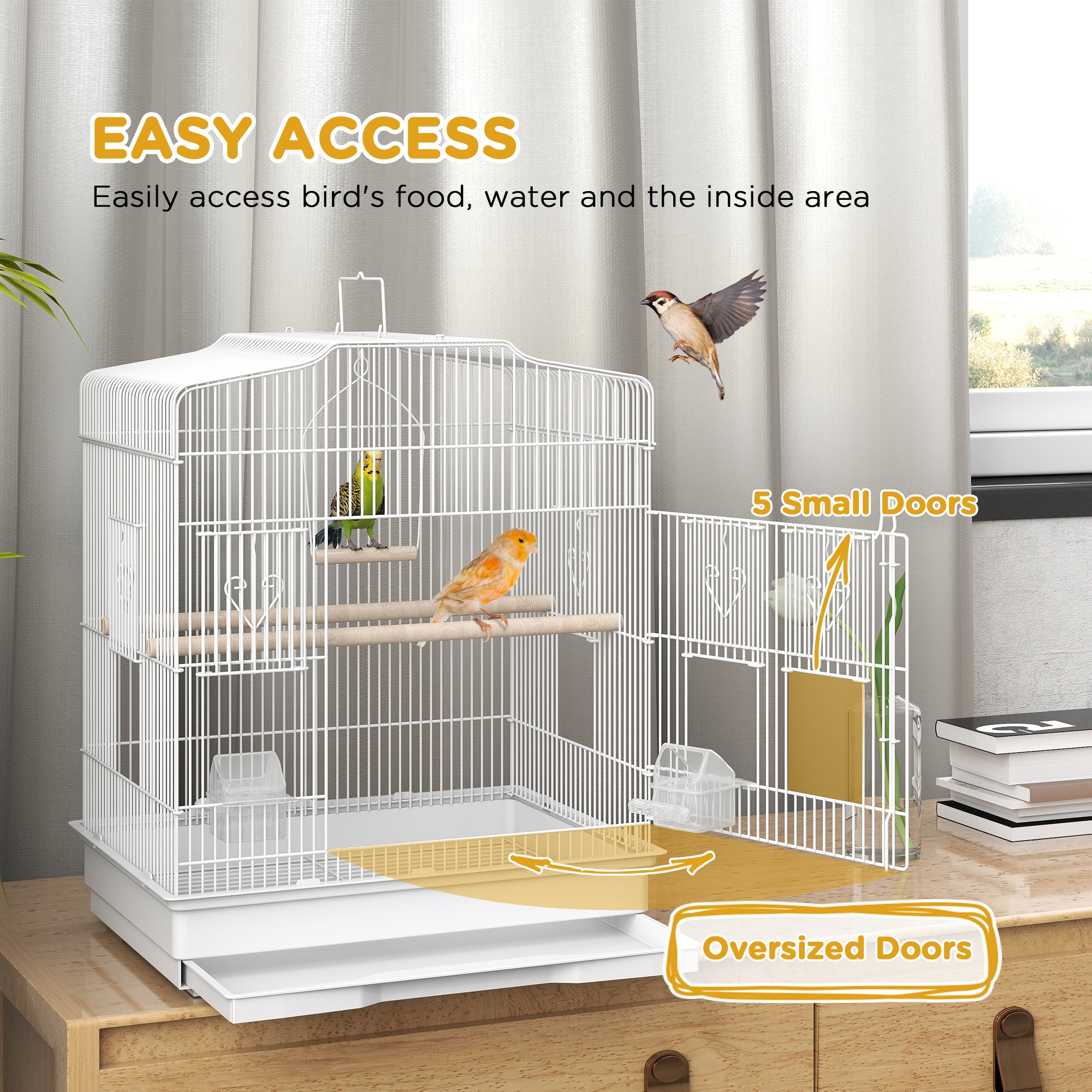 Large Metal Bird Cage with Perches, Food Bowls, Swing, for Budgies, Parakeets, White