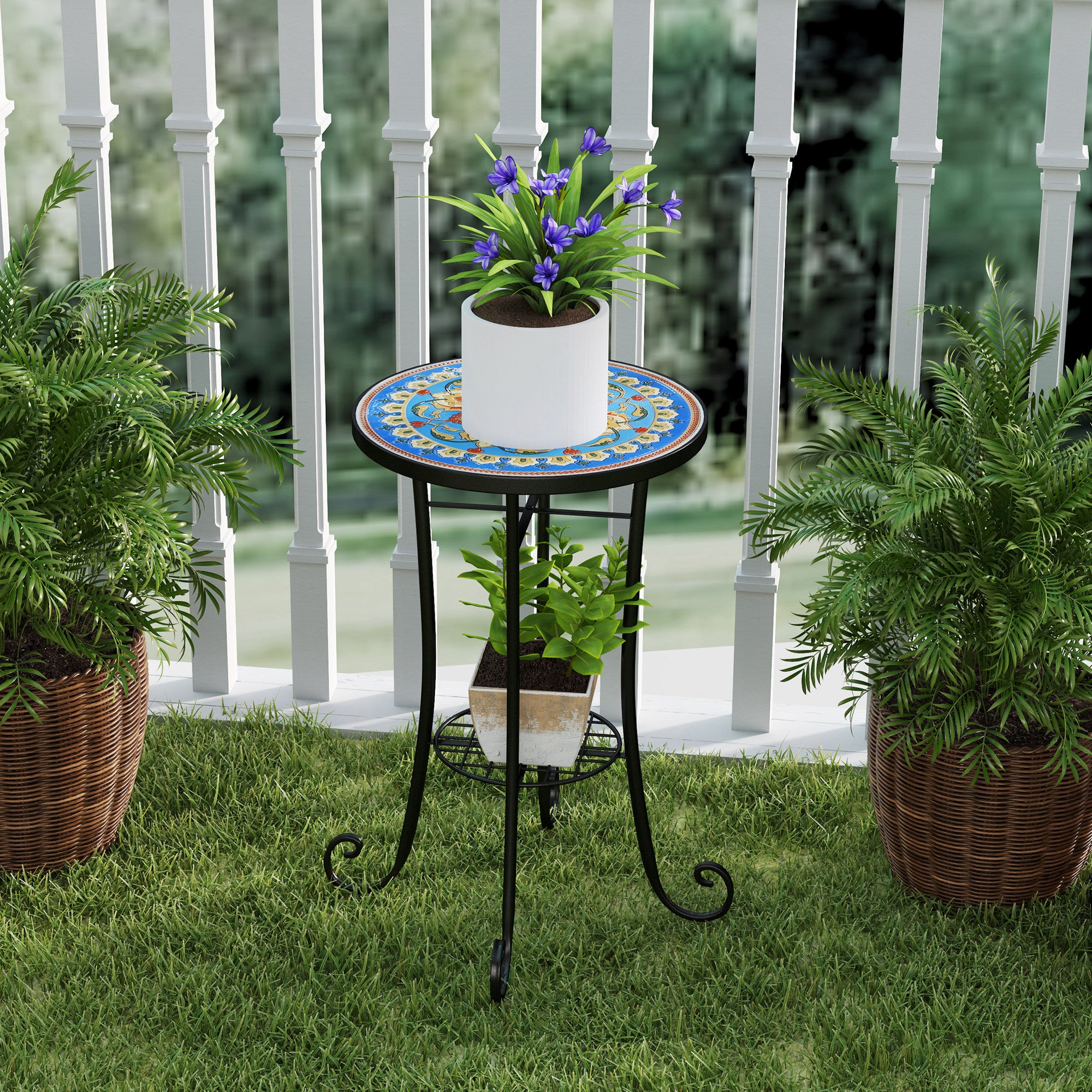 1 Piece Mosaic Garden Side Table with Ceramic Tile Top - Blue