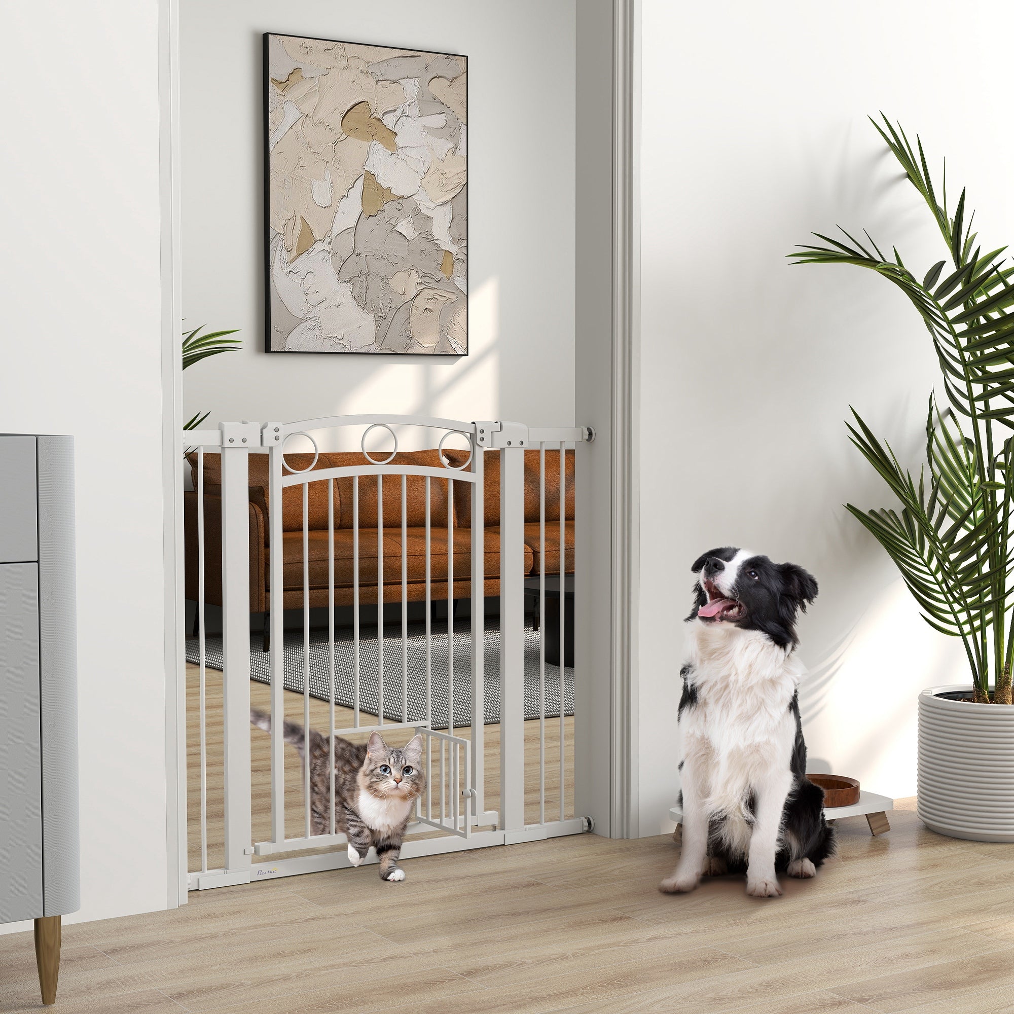 96cm Tall Dog Gate with Cat Door, 7cm and 14cm Extensions, for Stairs & Doorways, 76-104cm Width