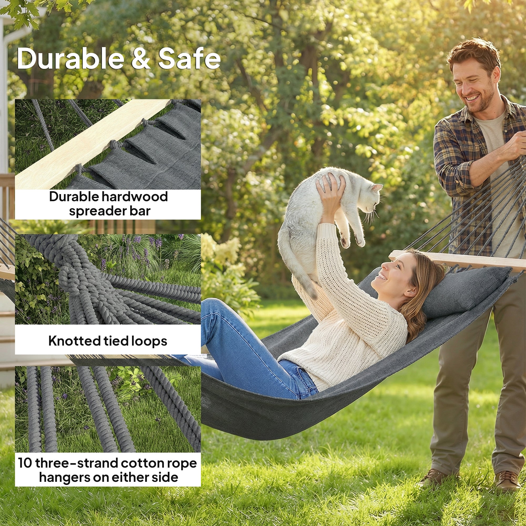 Cotton Hammock, Soft Portable Swing Sleeping w/ Headrest & Side Pocket, Dark Grey