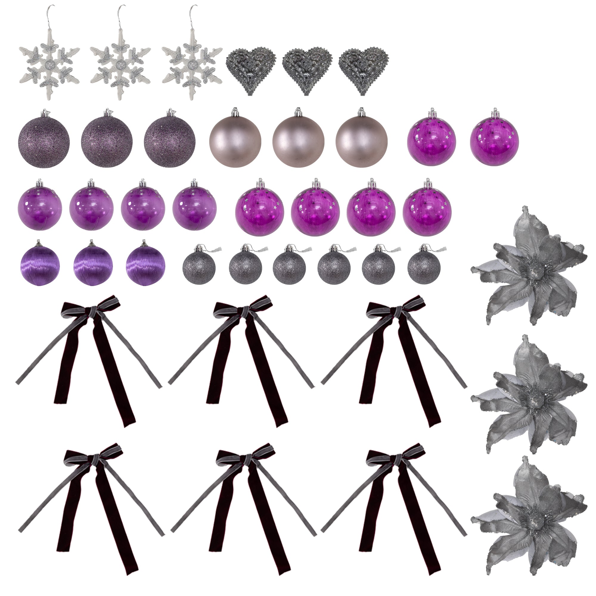 5ft Artificial Prelit Christmas Tree with Warm White LED Lights and 486 Tips, Metal Stand, Xmas Tree with Purple Ornaments for Home Office Holiday