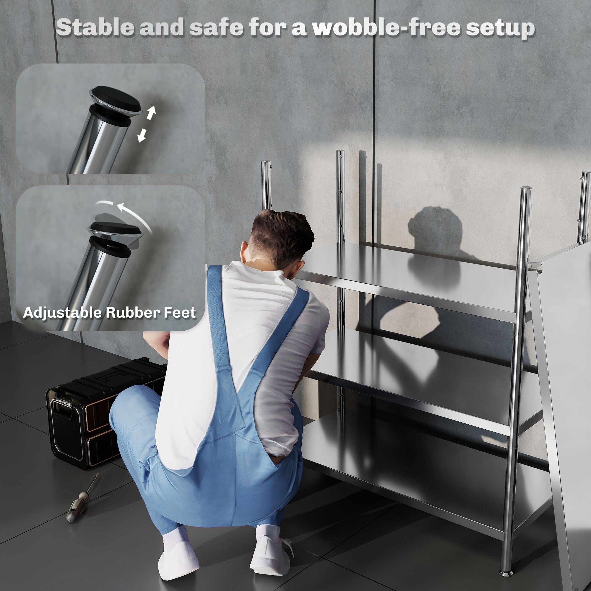 4-Tier Bakers Rack with Storage, Stainless Steel Microwave Stand with Adjustable Shelves for Small Spaces, Kitchen Storage Unit for Spices, Pots and Pans, Silver Tone
