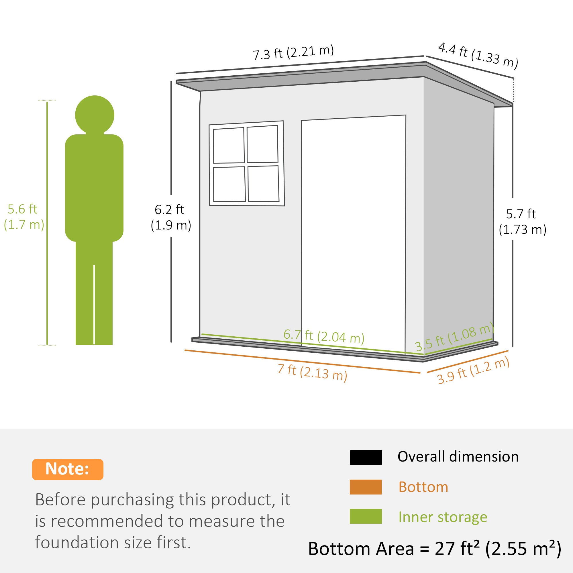 7 x 4ft Galvanised Steel Garden Shed with Lock and Window - Green