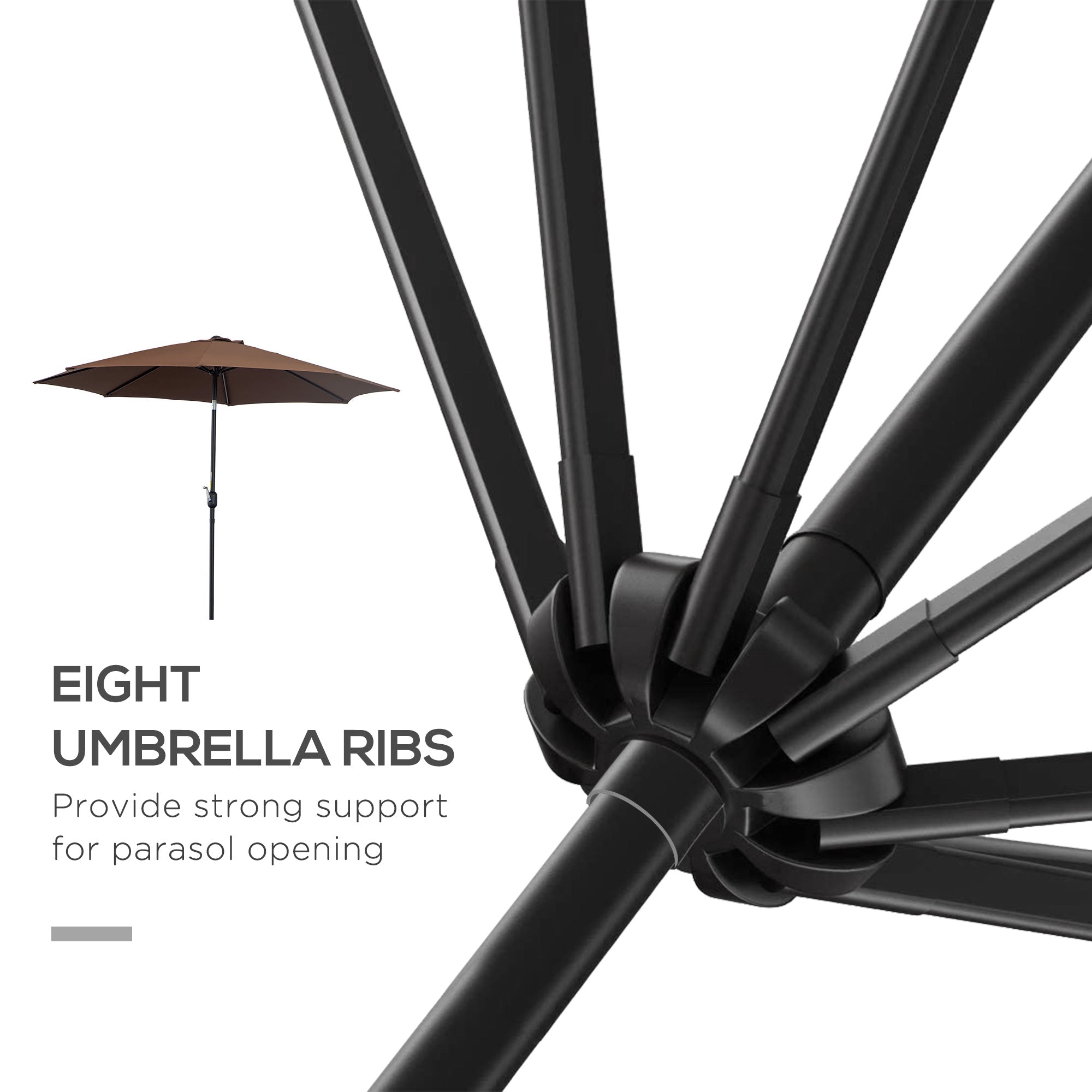 3(m) Tilting Parasol Garden Umbrellas, Outdoor Sun Shade with 8 Ribs, Tilt and Crank Handle for Balcony, Bench, Garden, Coffee