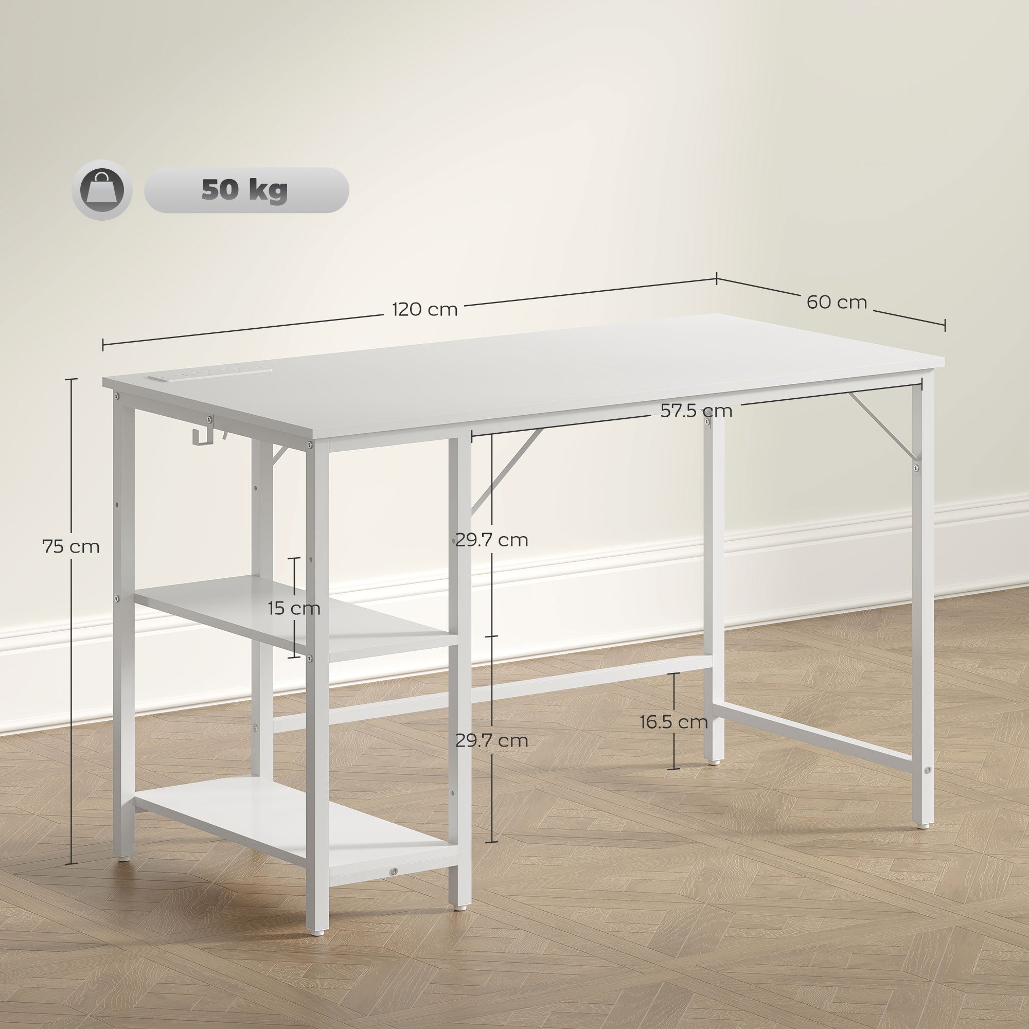 Computer Desk, with Power Sockets - White