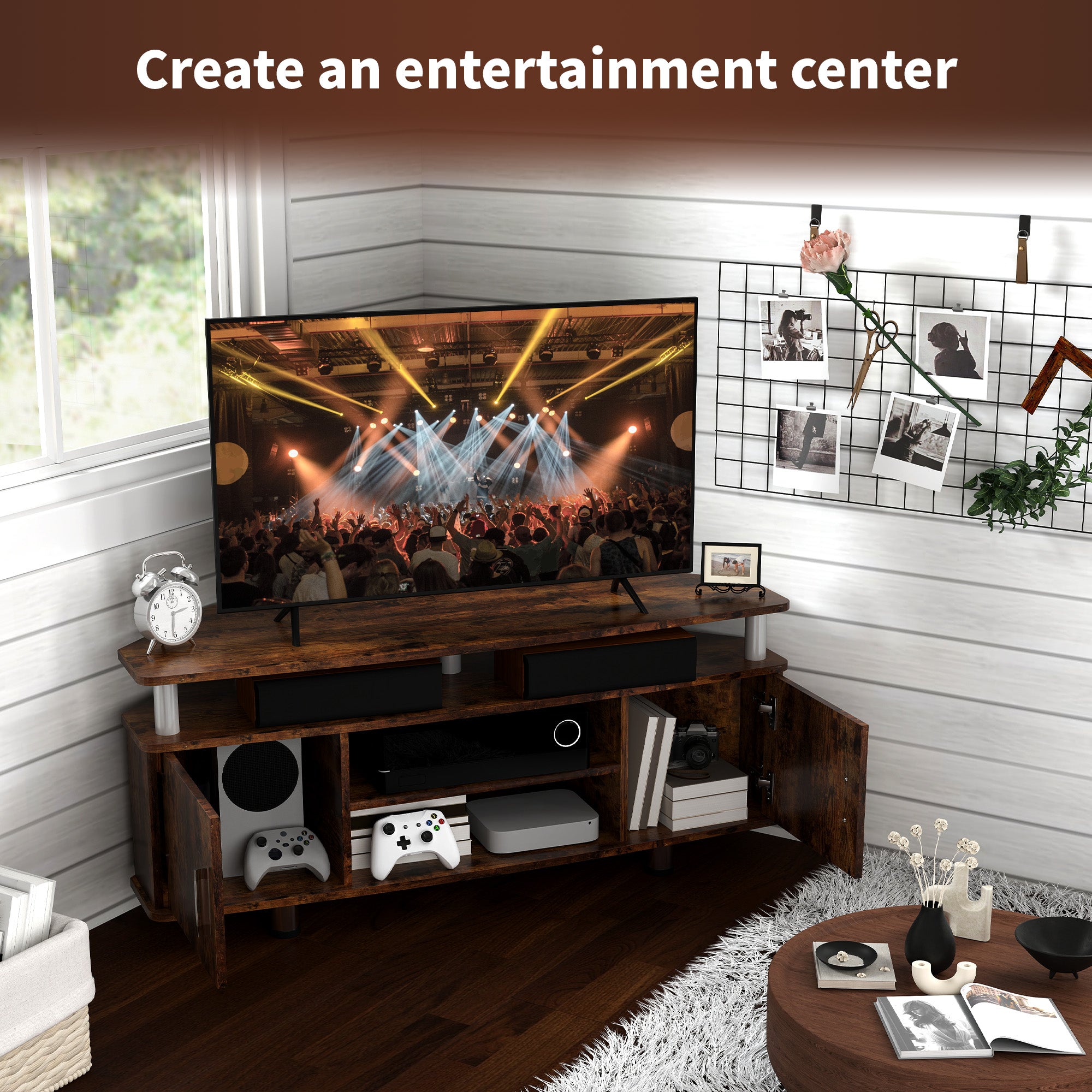 TV Unit Cabinet for TVs up to 55 Inches with Storage Shelves and Cupboard - Rustic Brown