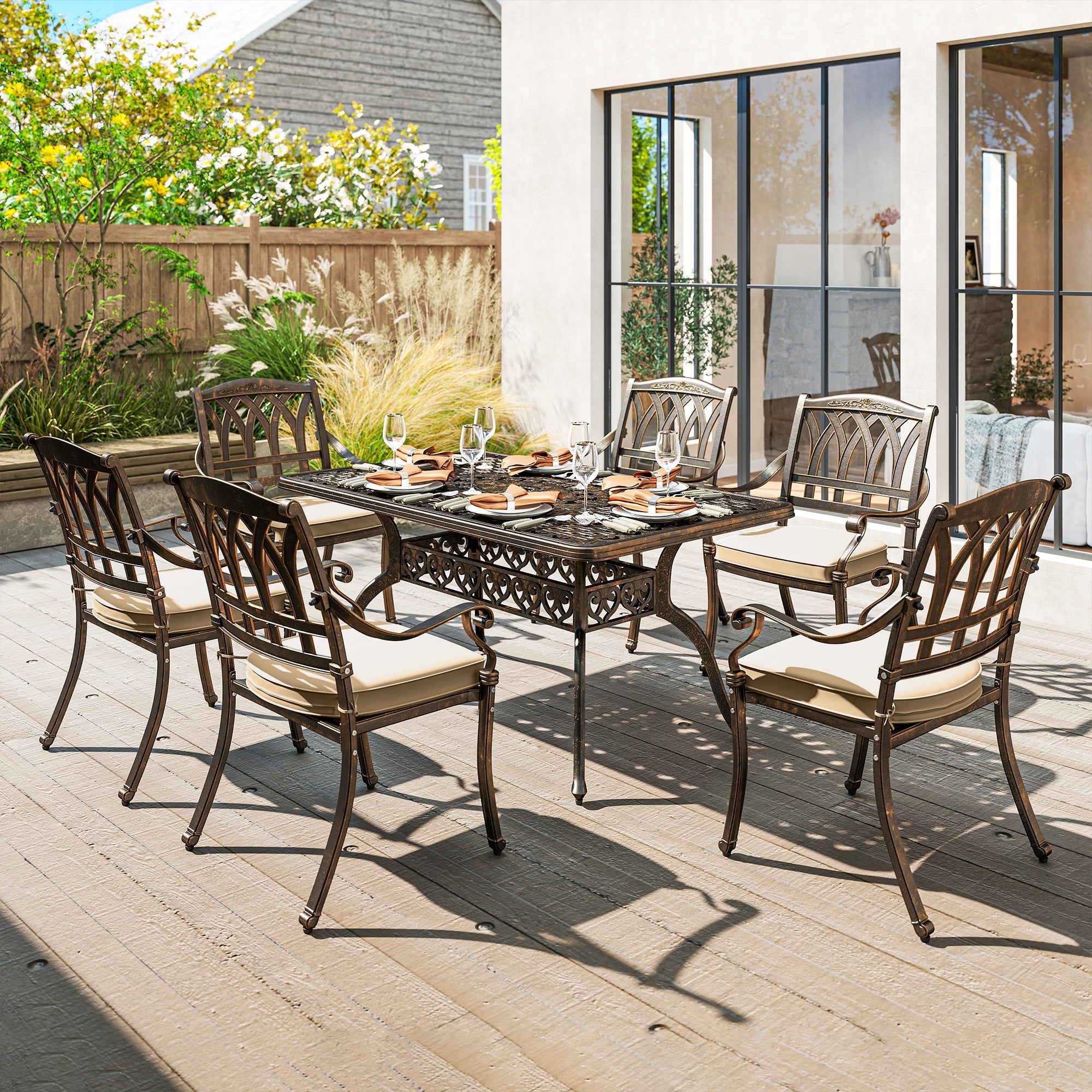 7 Piece Cast Aluminium Garden Dining Set with Floral Design - Bronze Tone