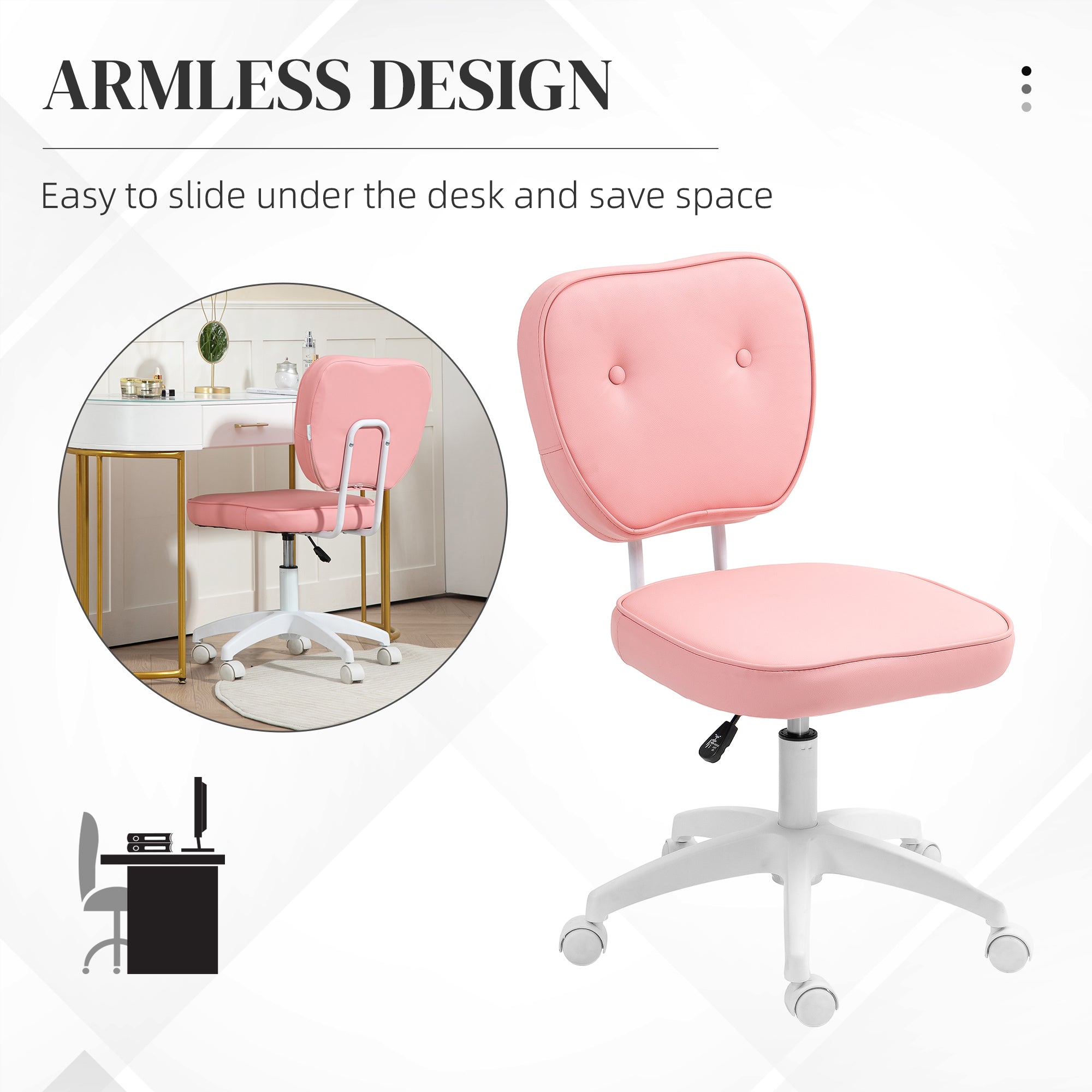 Vanity Office Chair, PU Leather Computer Chair for Home, with Adjustable Height, Armless, Swivel Wheels, Pink