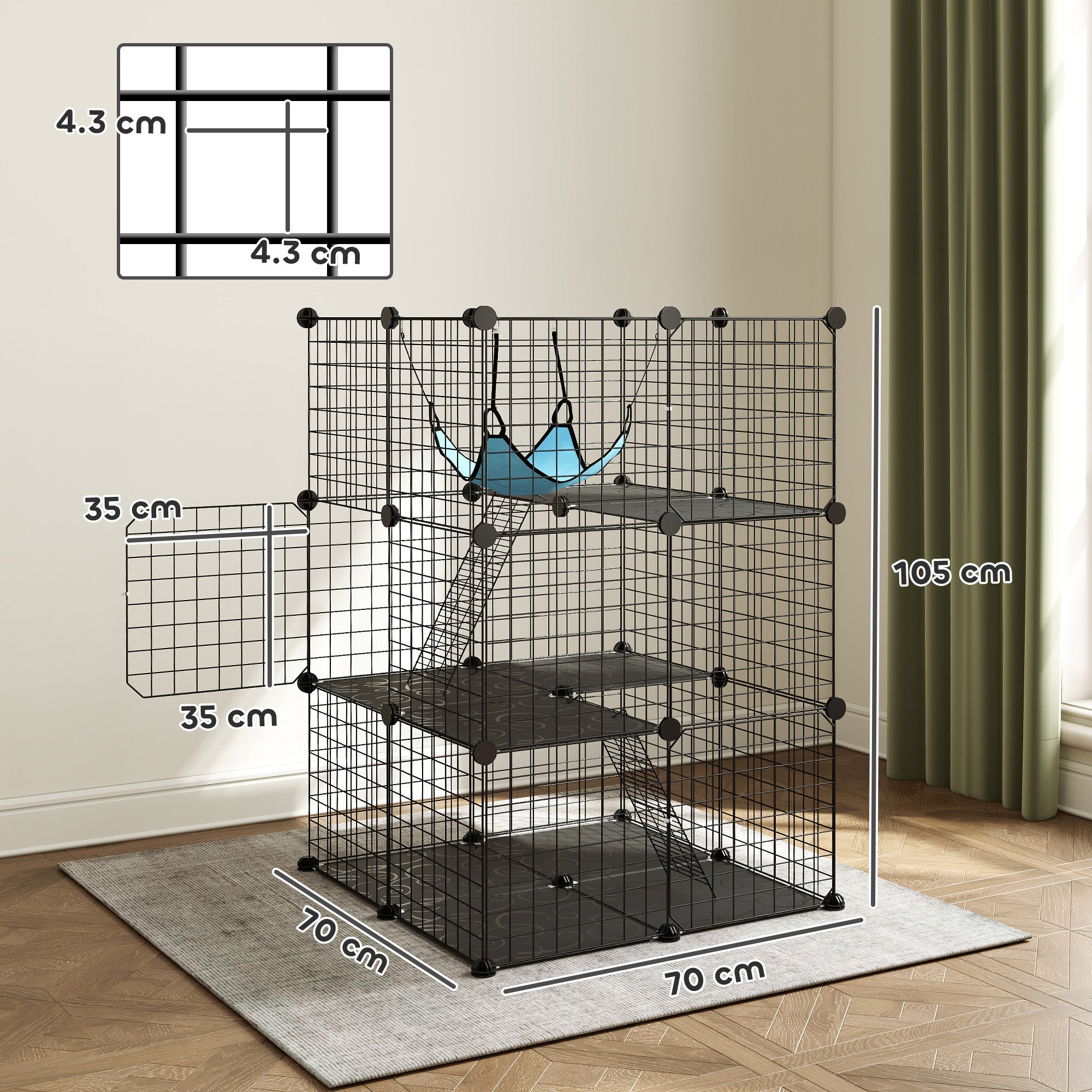 Indoor Cat Cage DIY Customizable 3-Tier Indoor Cat Enclosure with 3 Doors and Hammock 105 cm Black